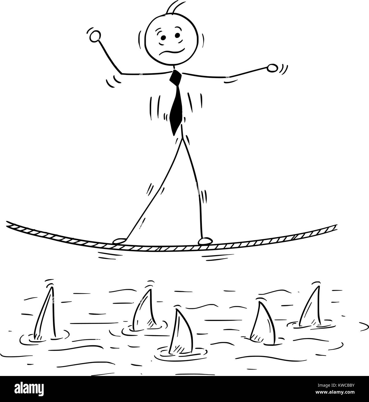 Cartoon stick man dessin illustration conceptuelle de business man balancing marche sur corde corde raide au-dessus de l'eau de requin. Illustration de Vecteur