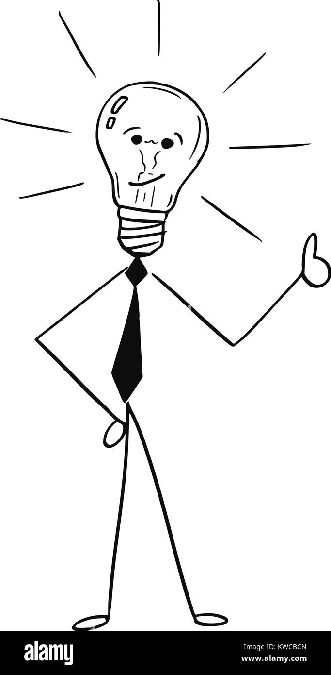 Cartoon stick man dessin illustration conceptuelle de business man with Light bulb comme chef showing Thumbs up. Concept de solution de problème. Illustration de Vecteur