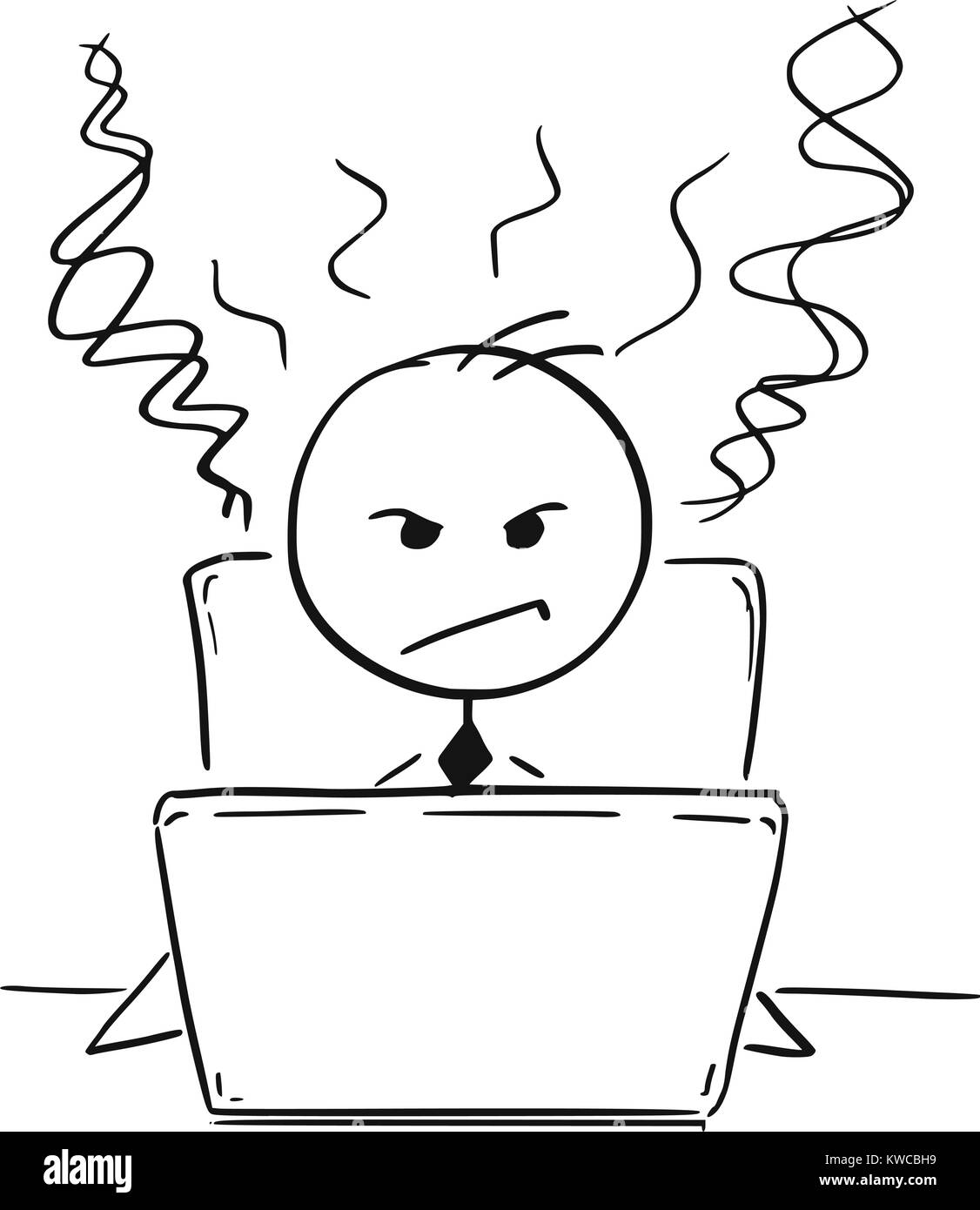 Cartoon stick man dessin illustration de businessman ou étudiant fatigué et en colère qui travaillent sur ordinateur portable ordinateur portable. Illustration de Vecteur