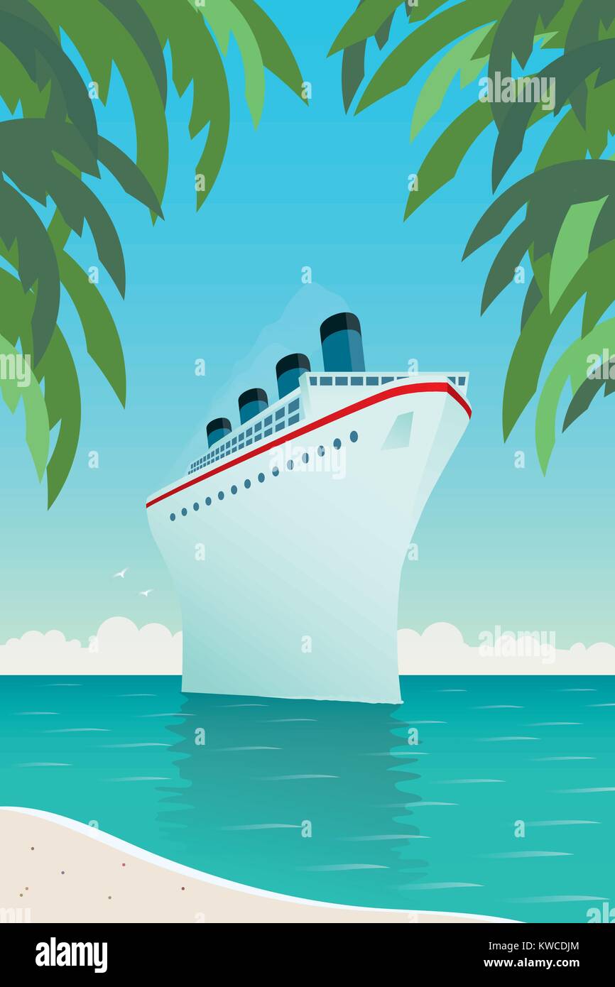 Vector illustration style vintage des navires de croisière géant près de tropical island Illustration de Vecteur