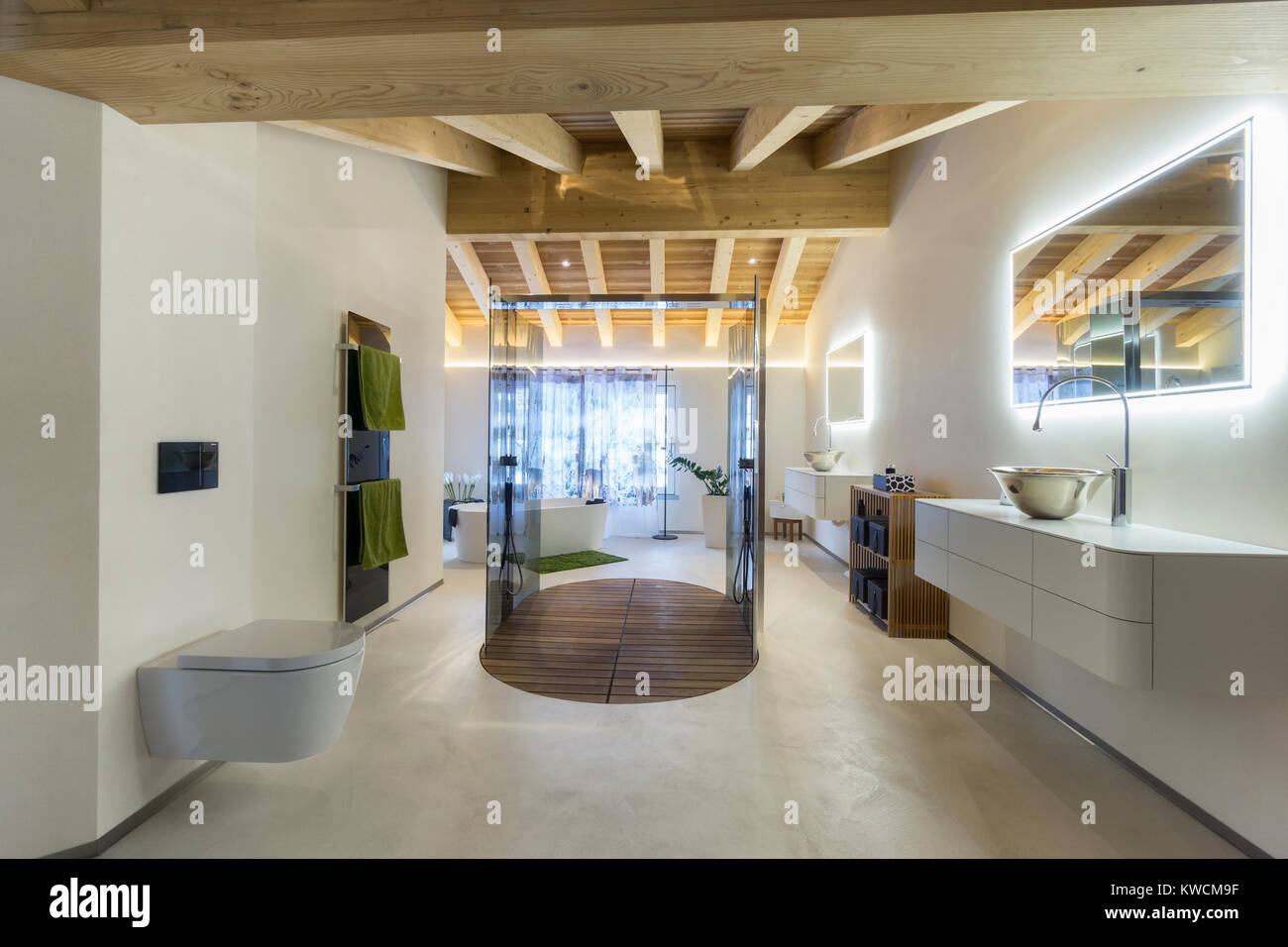 Salle de bains de luxe avec douche et plafond en bois Banque D'Images
