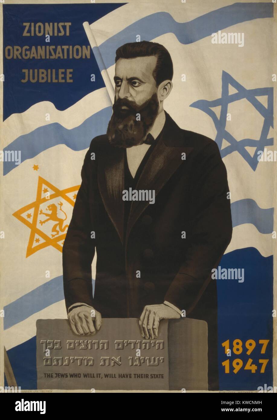 1947 affiche montrant Theodor Herzl avec les drapeaux d'Israël et le Congrès sioniste. L'affiche célèbre le jubilé de l'Organisation sioniste et inclut un slogan, "Les Juifs qui sera-t-il, auront leur état.» BSLOC - (2014 15 201) Banque D'Images