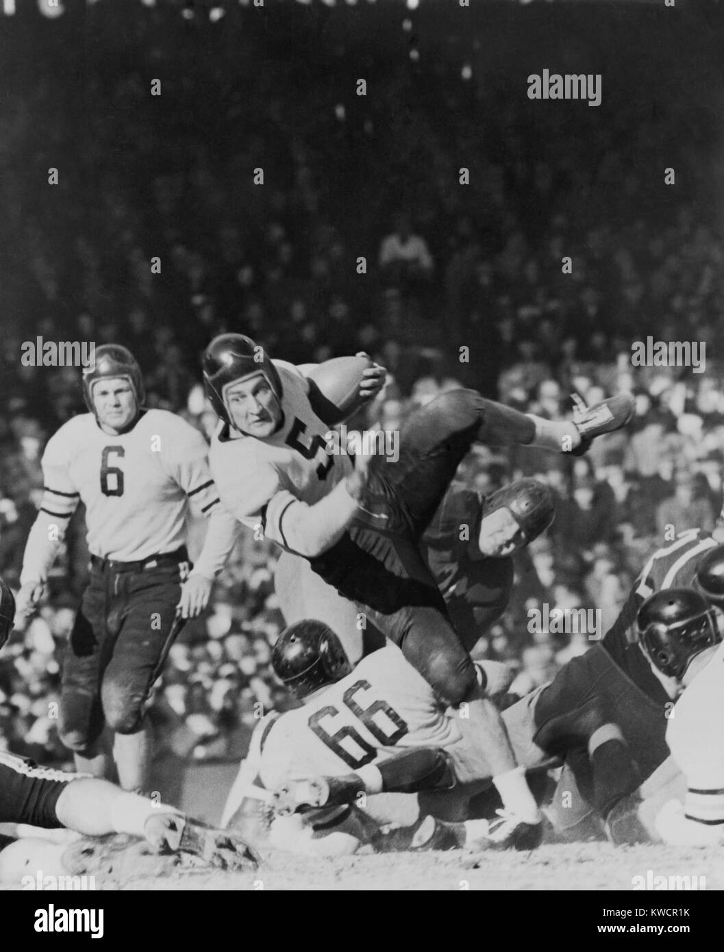 George McAfee, ours de Chicago, l'arrière glisse de Redskins de Washington pour s'attaquer à sept mètres. 1940. Il a joué pour les ours de Chicago à partir de 1940-1941 et 1945-1950,. - BSLOC  2014 (17 173) Banque D'Images