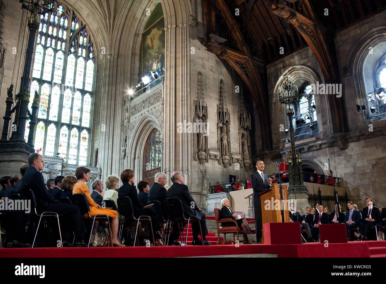Le président Barack Obama parle aux membres des deux Chambres du Parlement à Westminster Hall. Londres, Angleterre, le 25 mai 2011 (BSLOC_2015_3_221) Banque D'Images