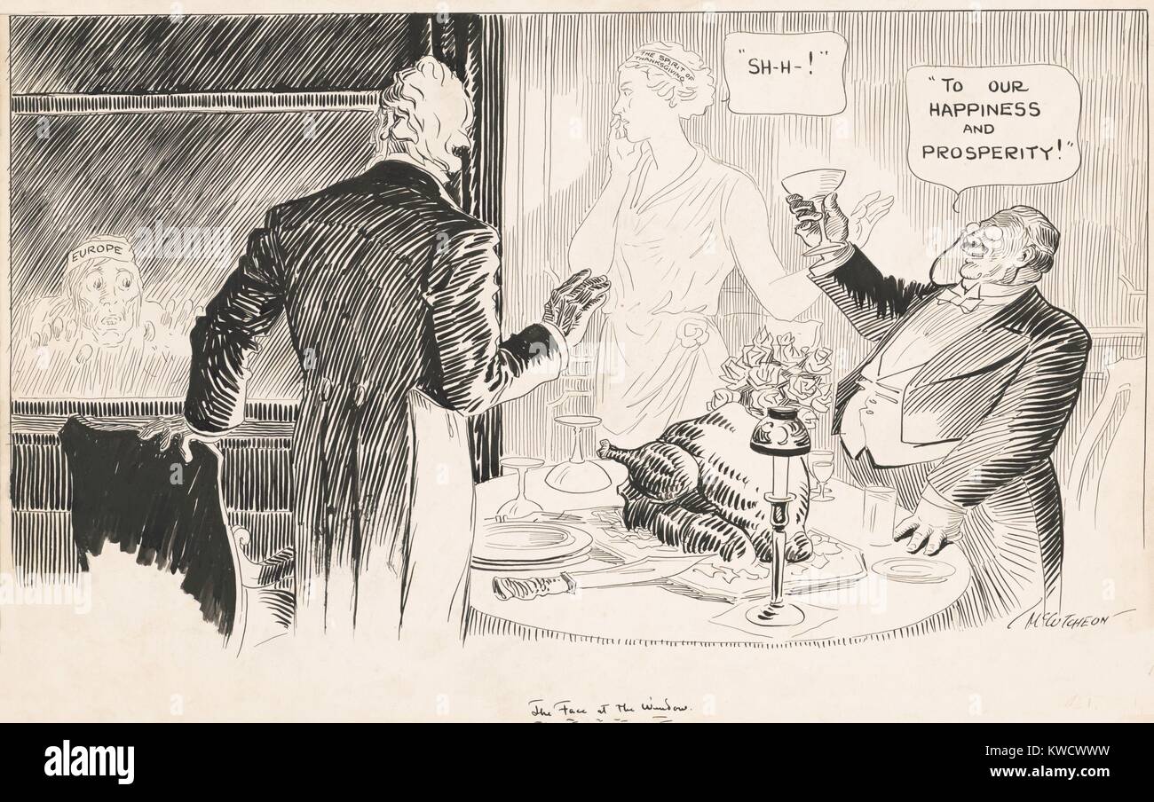 FACE À LA FENÊTRE, affiche Européens atteints dans la seconde guerre mondiale, 1 en tant qu'Américains prospèrent. Il représente deux hommes riches toasting à leur bonheur et prospérité à un repas de Thanksgiving. 1916 dessin de John McCutcheon pour une caricature politique (BSLOC 2017 1 40) Banque D'Images