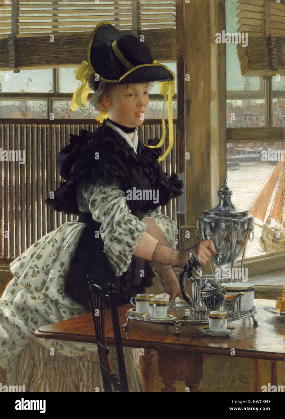 Thé, par James Tissot, 1872, le français réaliste, impressionniste, peinture, huile sur toile. Tissot peint souvent les femmes élégamment vêtu illustré dans des scènes de vie à la mode, qui ont été très populaires avec l'Angleterre, où il peint dans les années 1870. Remarque Le paysage vu à travers la fenêtre (BSLOC 2017 3 162) Banque D'Images