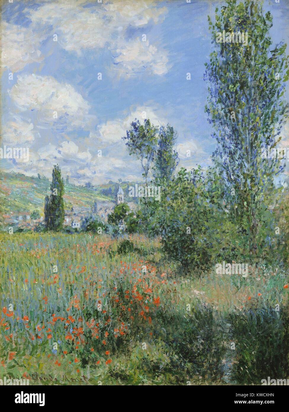 Vue de Vétheuil, Claude Monet, 1880, la peinture impressionniste français, huile sur toile. Un sentier commence en bas à droite et disparaît dans le champ de coquelicots. Dans la distance est la tour de l'église de Vétheuil, un village au nord-ouest de Paris (BSLOC 2017 3 32) Banque D'Images