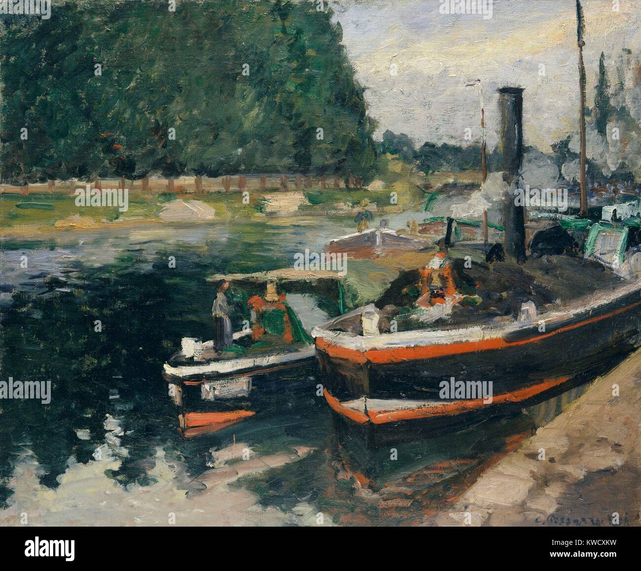 Des Barges à Pontoise, par Camille Pissarro, 1876, la peinture  impressionniste français, huile sur toile. Les barges marchandises  transportées sur l'Oise au port de Pontoise, où l'artiste vivait (BSLOC  2017 3 55