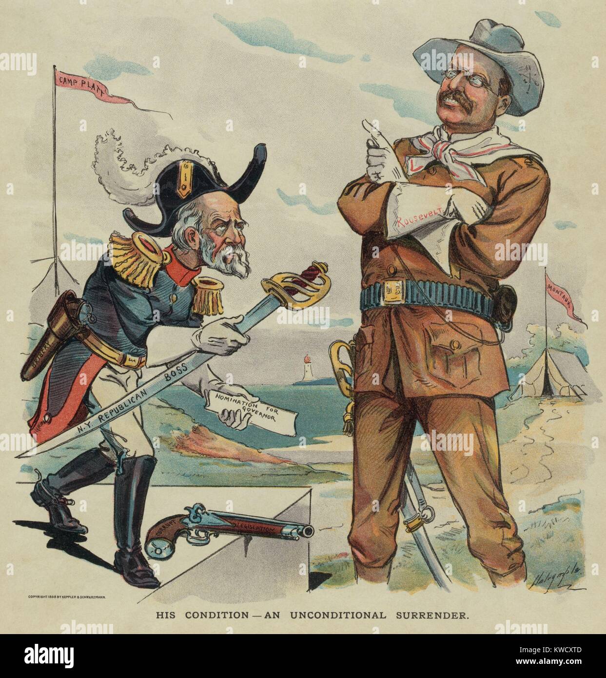 Thomas C. Platt offrant son épée appelée N.Y. Patron Républicain de Theodore Roosevelt. Platt se rend aux son rival républicain de longue date, qui ont reçu leurs soirées entre adultes nomination pour gouverneur. Septembre 14, 1898 (BSLOC_2017_4_21) Banque D'Images