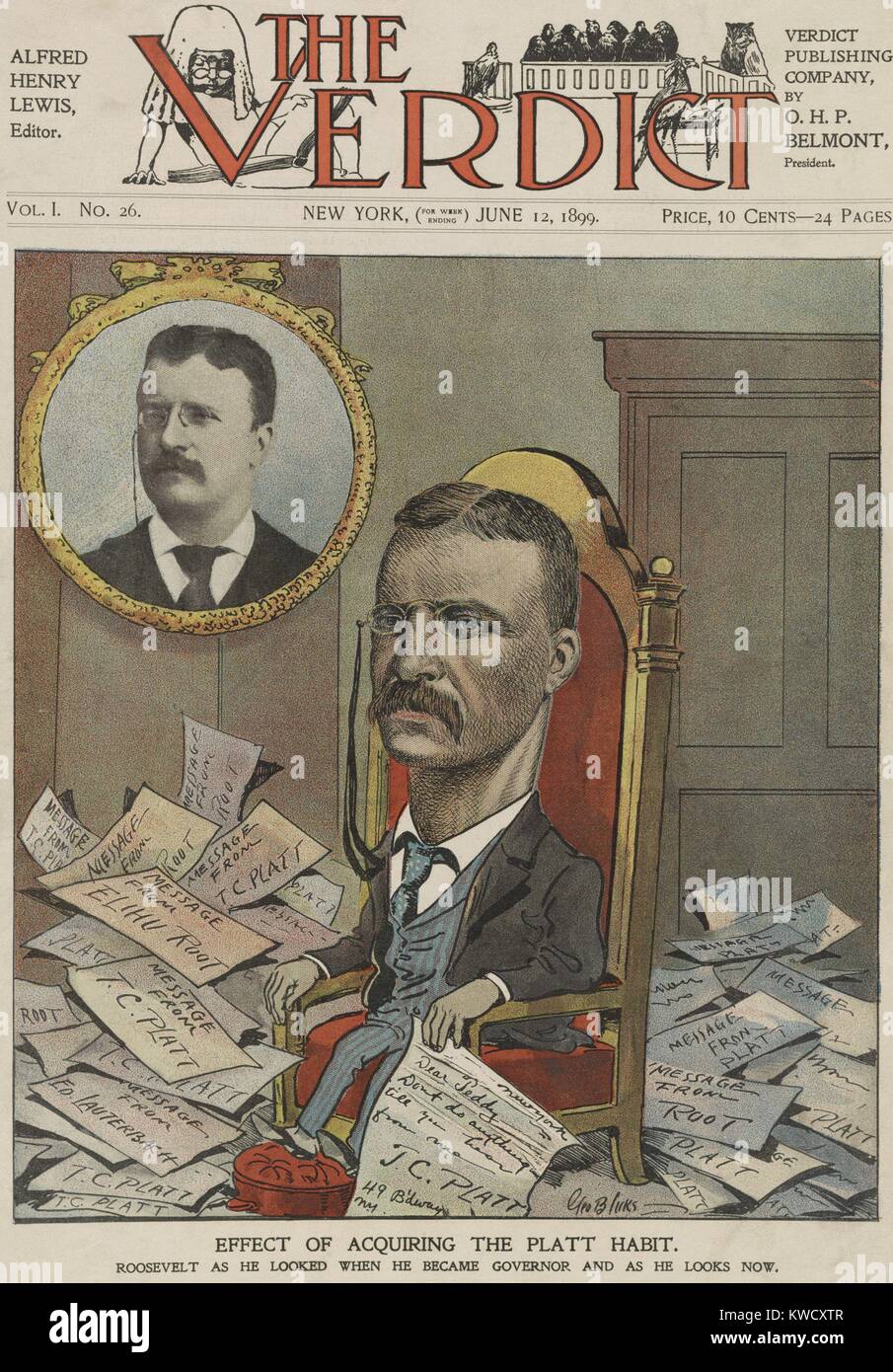 Caricature montre l'effet de vieillissement de 18 mois en tant que gouverneur de New York sur Theodore Roosevelt. Son sol est couvert avec des messages de patron républicain Thomas Platt et Elihu Root. Couverture de revue satirique, le verdict, le 12 juin 1899 par George B. Luks (BSLOC 2017 4 25) Banque D'Images