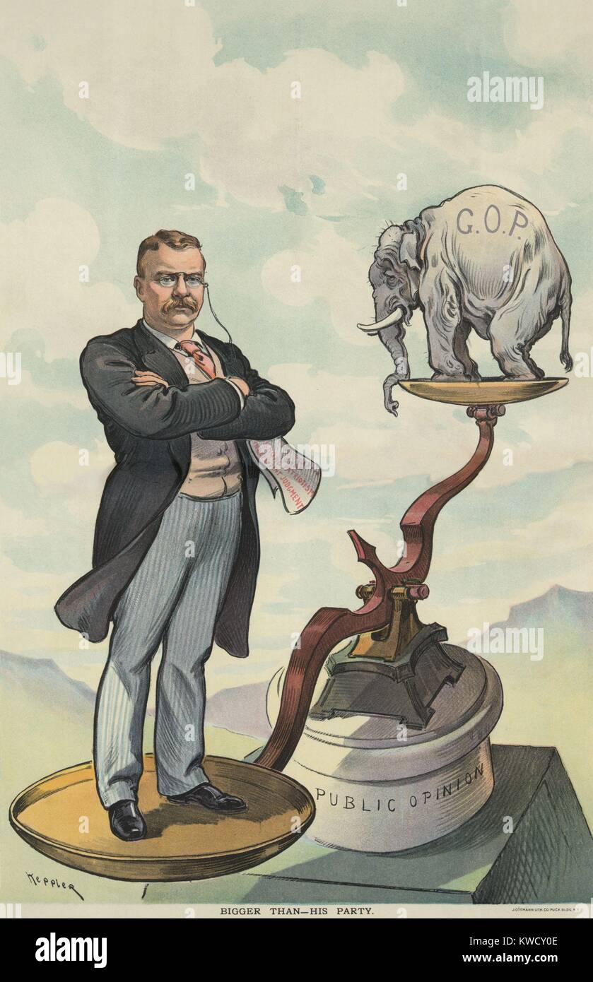 Plus grand que son parti. Caricature de Puck Magazine, 7 mai 1902. Le président Theodore Roosevelt debout sur l'échelle de l'opinion publique et de l'emporter sur l'éléphant républicain. TR était impopulaire auprès des conservateurs GOP, contre qui il a manoeuvré pour l'investiture Présidentielle 1904 (BSLOC 2017 4 70) Banque D'Images