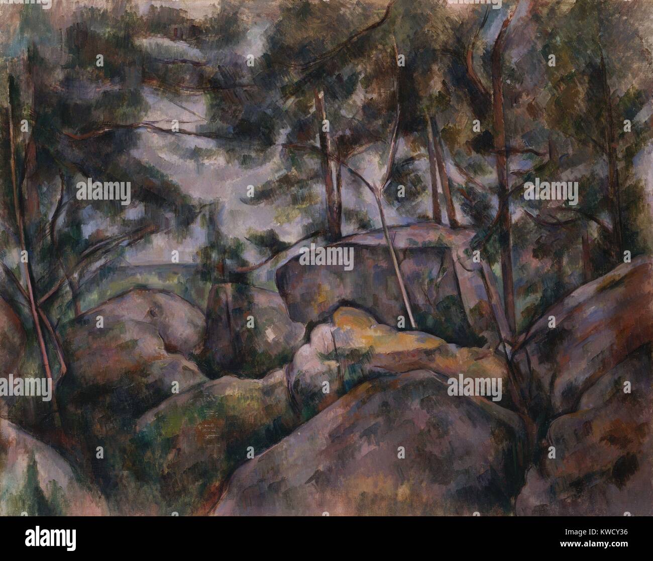 Rochers dans la forêt, par Paul Cezanne, 1890 peinture postimpressionniste français, huile sur toile. Le site de ce travail est contestée comme étant soit dans la forêt de Fontainebleau, où Cézanne a travaillé en 1894, ou peut-être près de Aix-en-Provence (BSLOC 2017 5 10) Banque D'Images