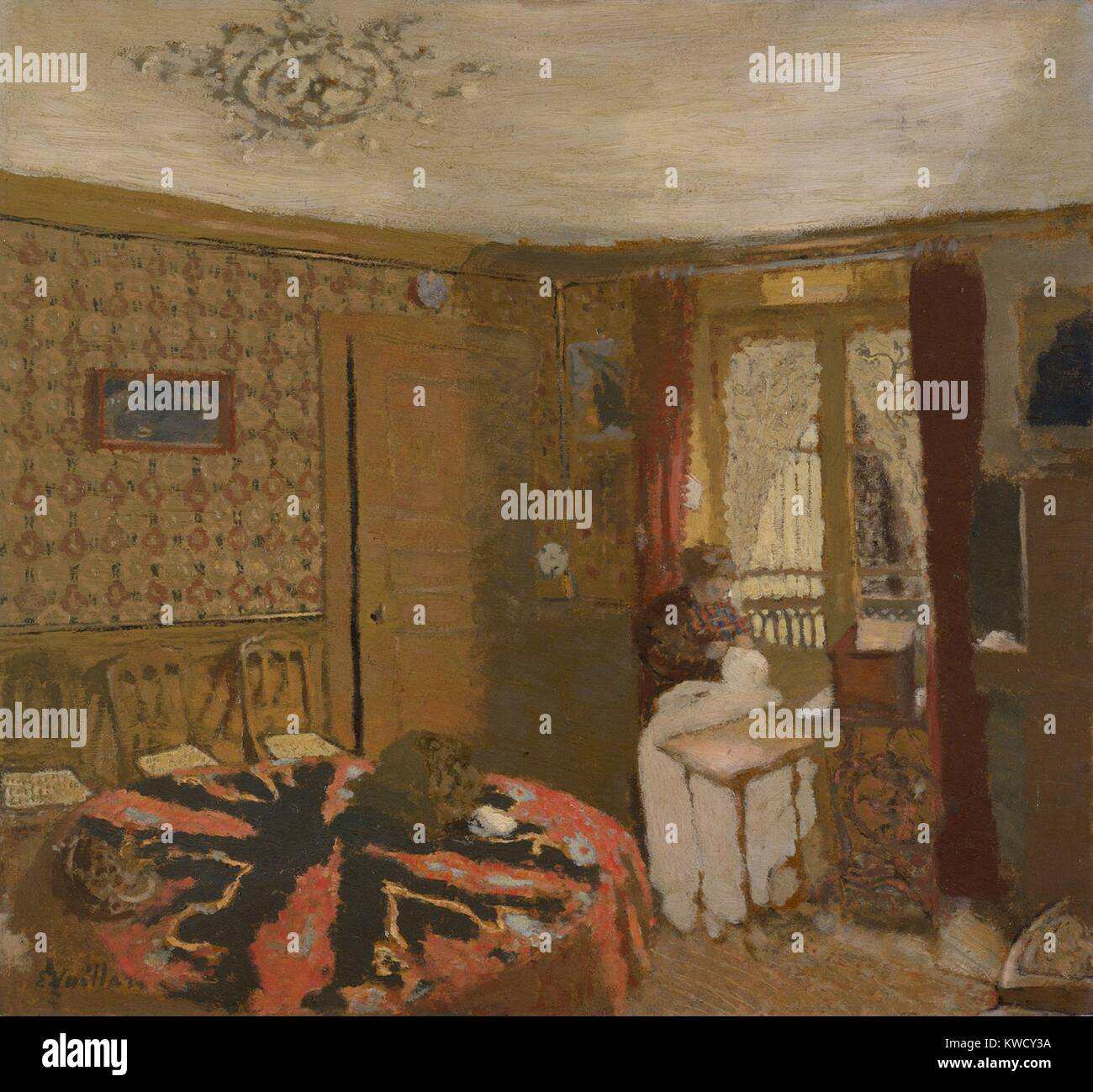 Mme. Par la fenêtre à coudre Vuillard, Rue Truffaut, par Edouard Vuillard, 1899, postimpressionnistes. Les Français huile sur toile peinture représente les artistes, mère couturière, dans leur appartement Paris (BSLOC 2017 5 100) Banque D'Images