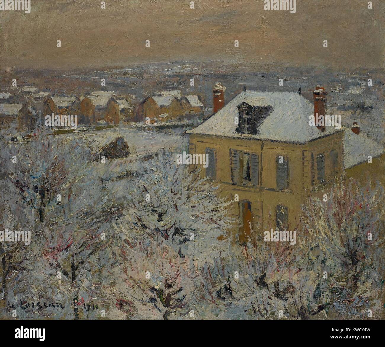Maison en hiver, par Gustave Loiseau, 1911, le français postimpressionnistes, huile sur toile. En tant que jeune artiste dans son 20s'il associé à Paul Gauguin et Emile Bernard, puis l'essai de pointillisme. Au moment où ce travail a été rendue il BSLOC avait établi (2017 5 113) Banque D'Images