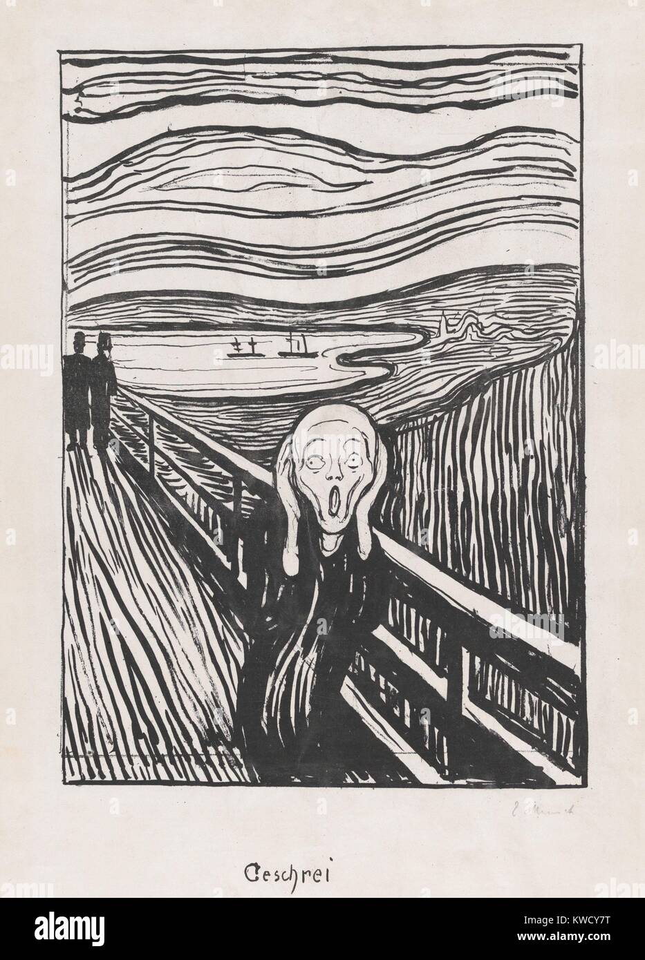 Le cri, d'Edvard Munch, 1895, symboliste norvégien/impression lithographie, expressionniste. Le crâne comme tête humaine a une seule dimension psychologique. Le précurseur de cette image est un dessin d'un homme, Munch lui-même, sur un pont semblable, dans lequel il BSLOC fe (2017 5 141) Banque D'Images