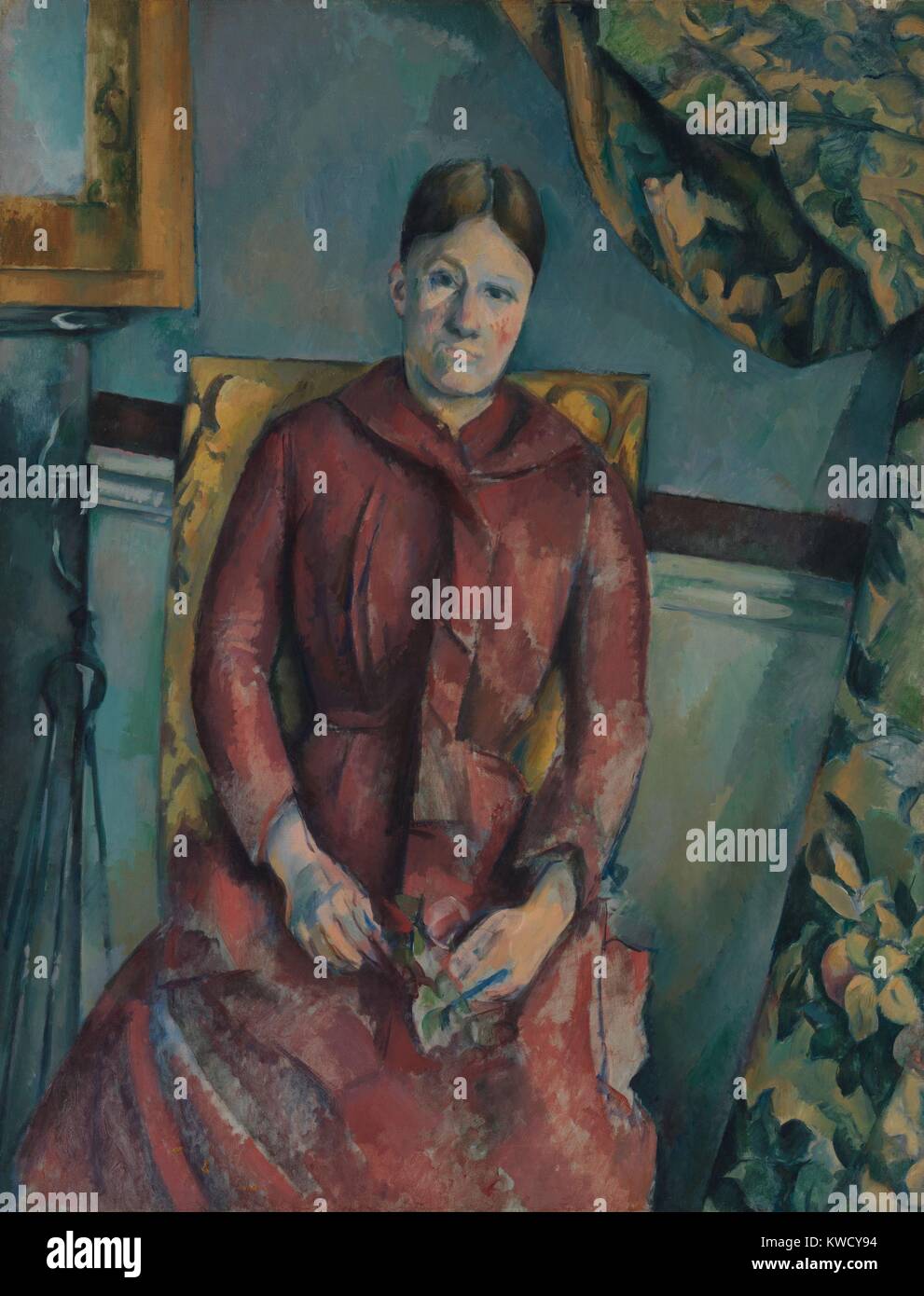 Madame Cézanne, par Paul Cezanne, 1888-90, le français postimpressionnistes peinture, huile sur toile. Portrait de l'artiste femme portant une robe rouge dans un intérieur meublé de leur appartement loué au 15 quai d'Anjou à Paris (BSLOC 2017 5 17) Banque D'Images