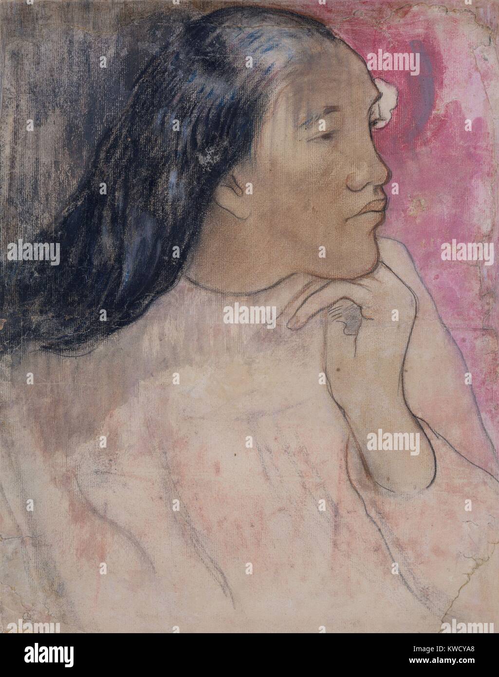 Tahitienne avec une fleur dans ses cheveux, de Paul Gauguin, 1891-1892, le postimpressionnisme français. Il s'agit d'une technique mixte de dessin fusain, pastel, et laver (BSLOC 2017 5 29) Banque D'Images