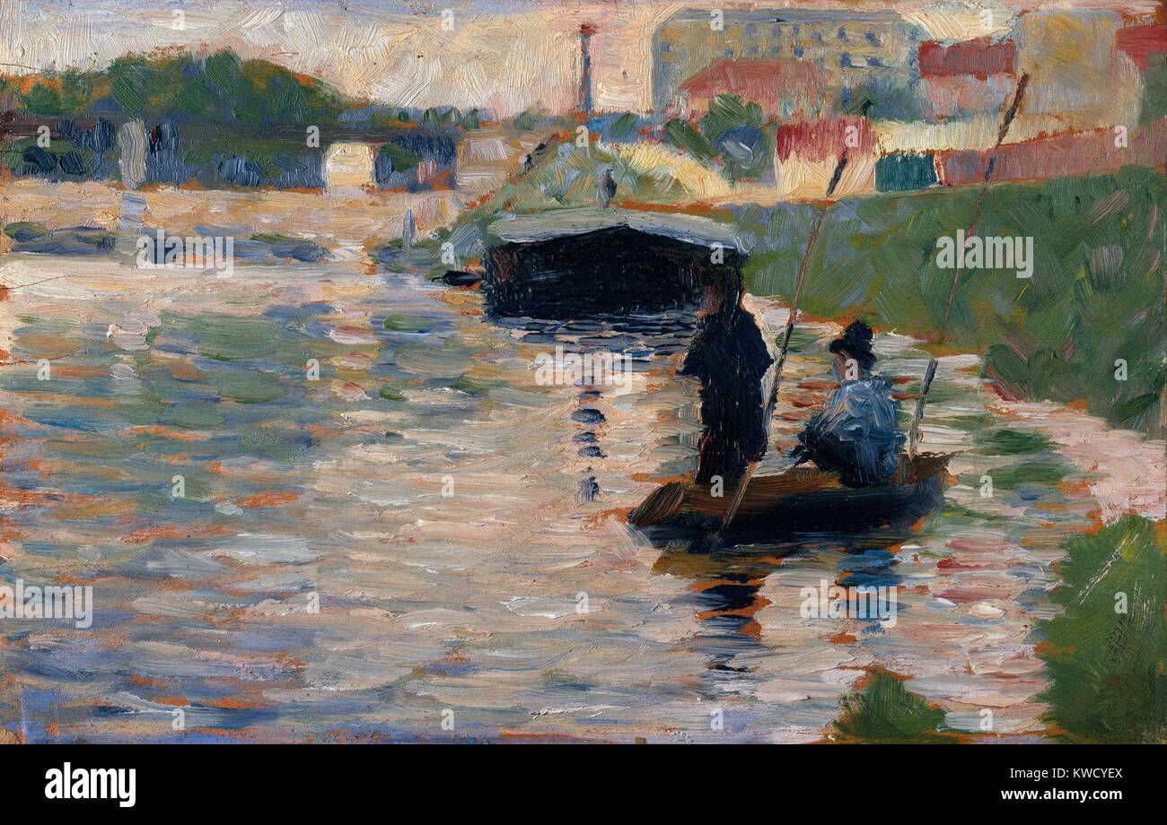 Vue sur la Seine, par Georges Seurat, 1882-1883, le français postimpressionnistes, huile sur bois. Seurat a fait cette petite, 6 par 10 pouces 10, le long de la Seine, dans la banlieue de Paris dans lequel il utilise l'application de peinture de style impressionniste (BSLOC 2017 5 79) Banque D'Images