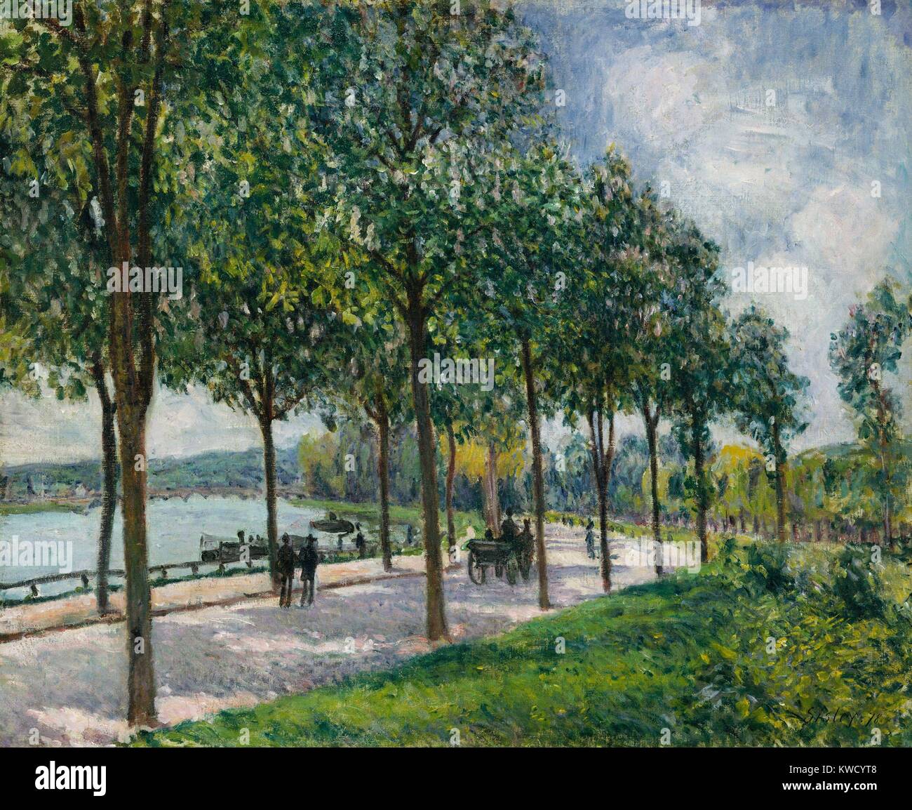 Allée des Marronniers, par Alfred Sisley, 1878, la peinture impressionniste français, huile sur toile. À SÈVRES, Sisley peint cette vue d'une route courbe le long de la Seine bordée de marronniers (BSLOC 2017 3 128) Banque D'Images