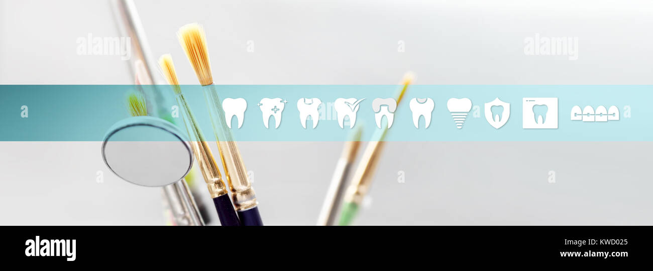 Technicien dentaire dents concept outils avec des symboles et bannière web Banque D'Images