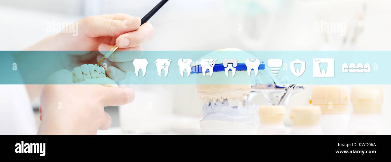 Technicien dentaire de travail mains, les dents des symboles et bannière web, Banque D'Images