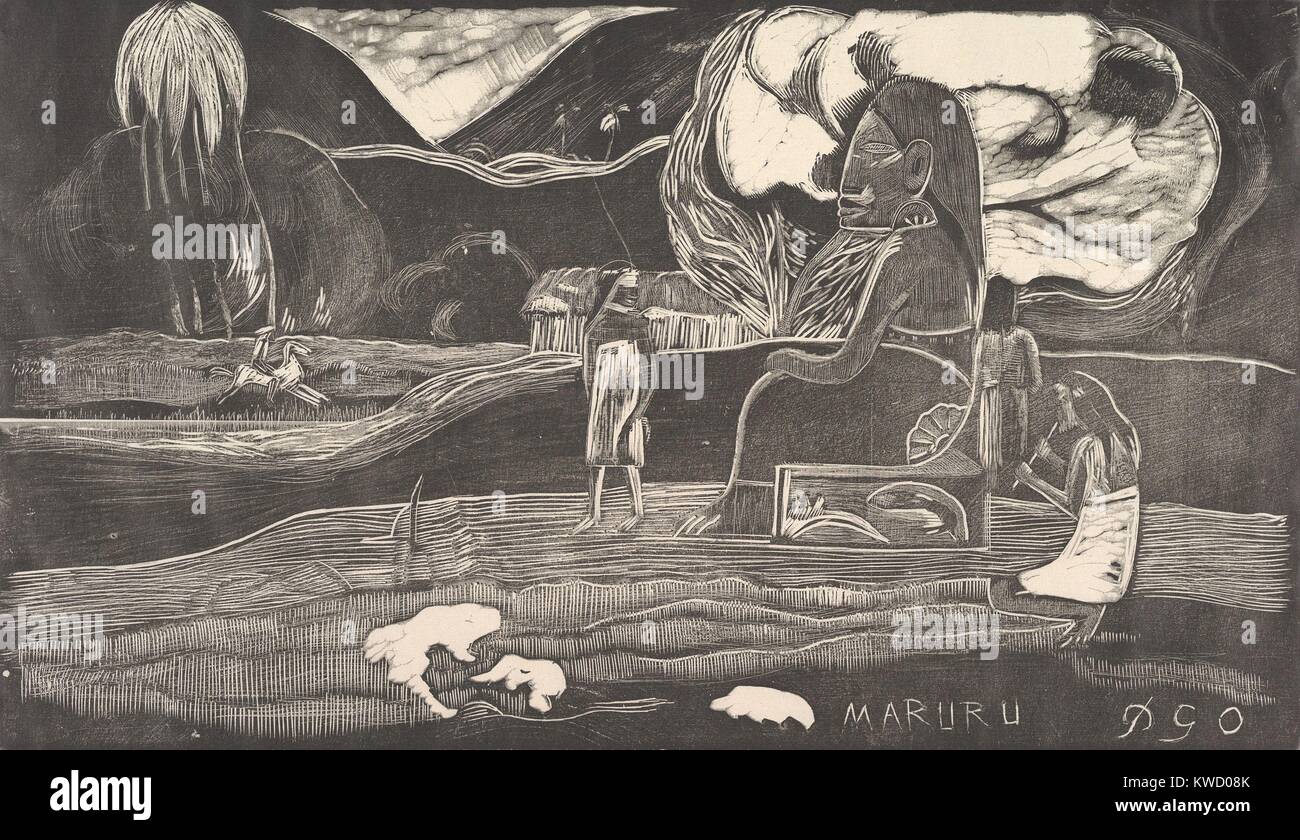 Maruru, de Paul Gauguin, 1893-1894, Français Imprimer postimpressionniste, xylographie sur papier. L'image est de sa peinture, Hina Maruru (merci à Hina) de 1893. Gauguin's crée des images de Hina et d'autres divinités à partir de son imagination, et non les objets il BSLOC  2017 (5 37) Banque D'Images