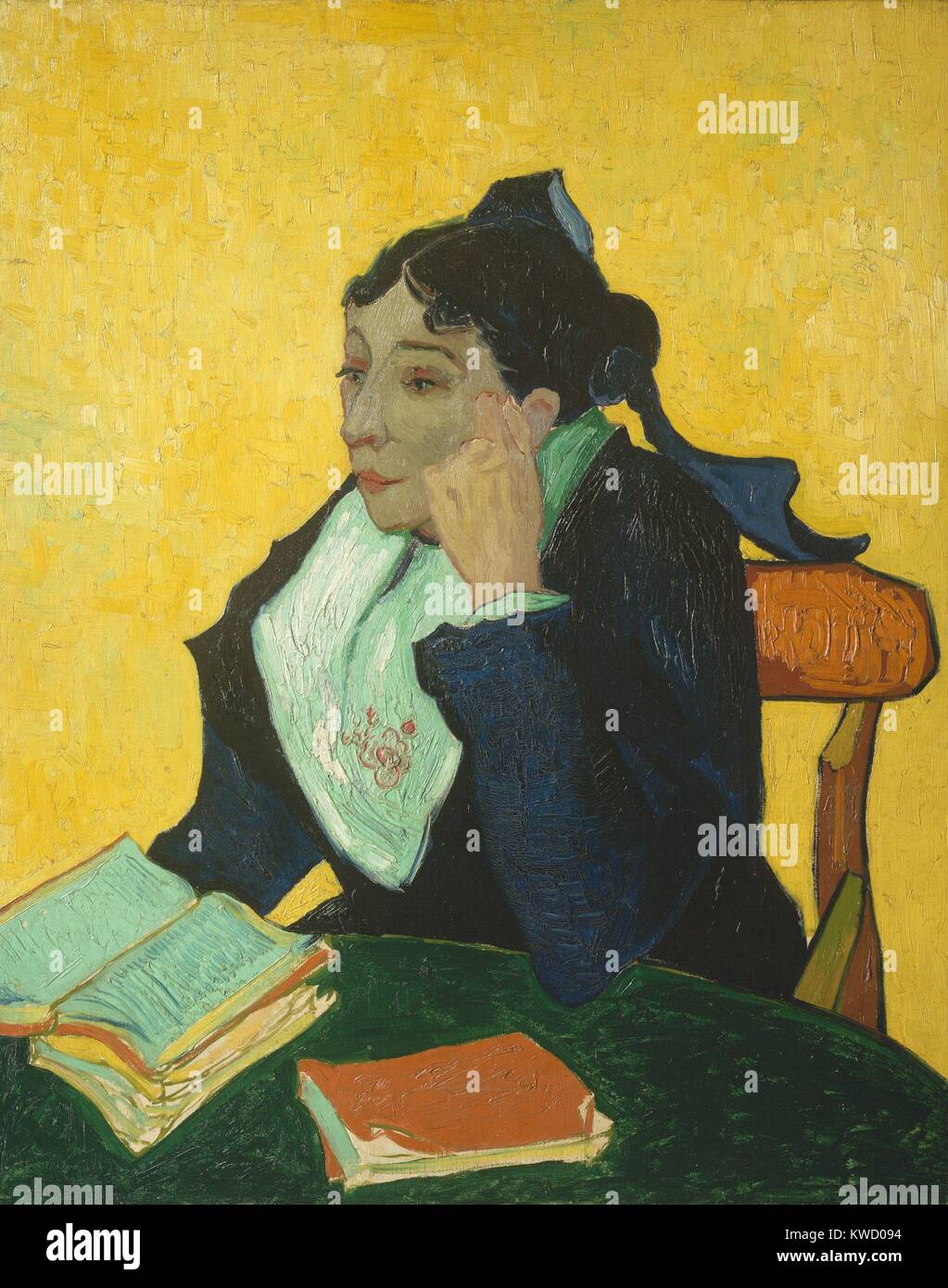 La Berceuse, par Vincent Van Gogh, 1889, Dutch Postimpressionnistes, huile sur toile. Portrait d'Augustine Roulin, épouse de son ami, le ministre des postes d'Arles. Le titre, signifie berceuse ou femme qui berce l'enfant. La corde dans ses mains est joint à uns (BSLOC 2017 5 49) Banque D'Images