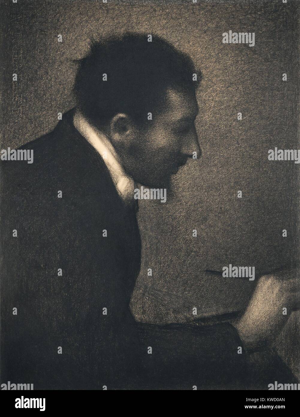 Aman-Jean, par Georges Seurat, 1882-1883, le français postimpressionnistes, dessin au crayon Conté sur papier. Seurats portrait de son ami, l'artiste Aman-Jean, a été démontré dans le Salon de Paris de 1883, et a été le premier ouvrage à être exposée par l'artiste, à l'âge de 23 (BSLOC 2017 5 85) Banque D'Images