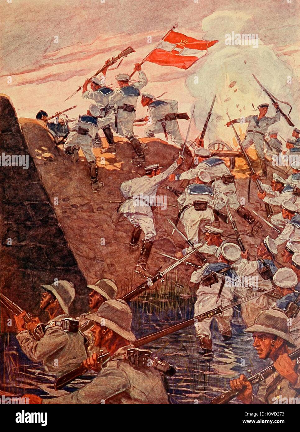Les marins allemands d'infanterie de marine et la tempête (Dagu Tagu, forts de Taku) le 17 juin 1900. Ils faisaient partie d'une nation cinq force qui a attaqué dans la nuit, en prenant les forts qui gardaient la bouche du Peiho River, dans le nord-ouest de la Chine. Avec cette attaque, la révolte des Boxers est devenue une guerre internationale. Le film 1963, 55 jours à Pékin, était fondée sur la guerre (BSLOC   2017 20 19) Banque D'Images