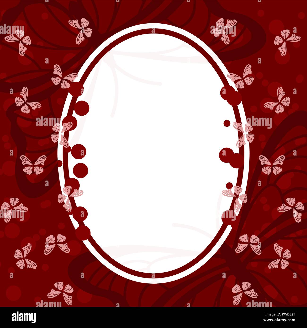 Ovale Blanc sur fond rouge avec des papillons Illustration de Vecteur