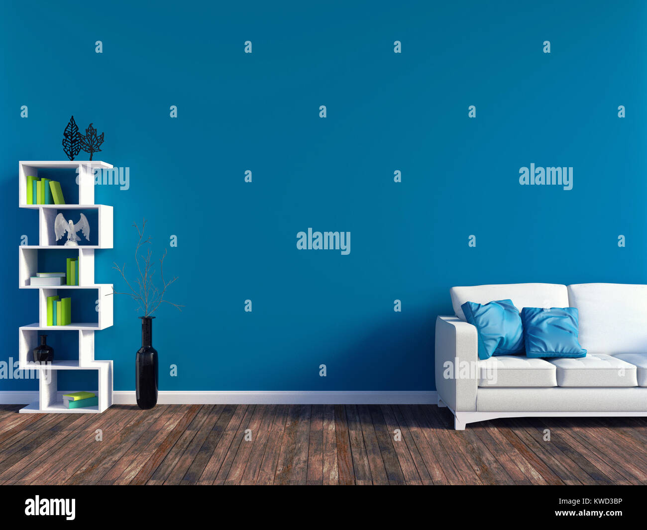 Intérieur salon bleu moderne - canapé en cuir blanc et bleu panneau mural avec l'espace, rendu 3D Banque D'Images