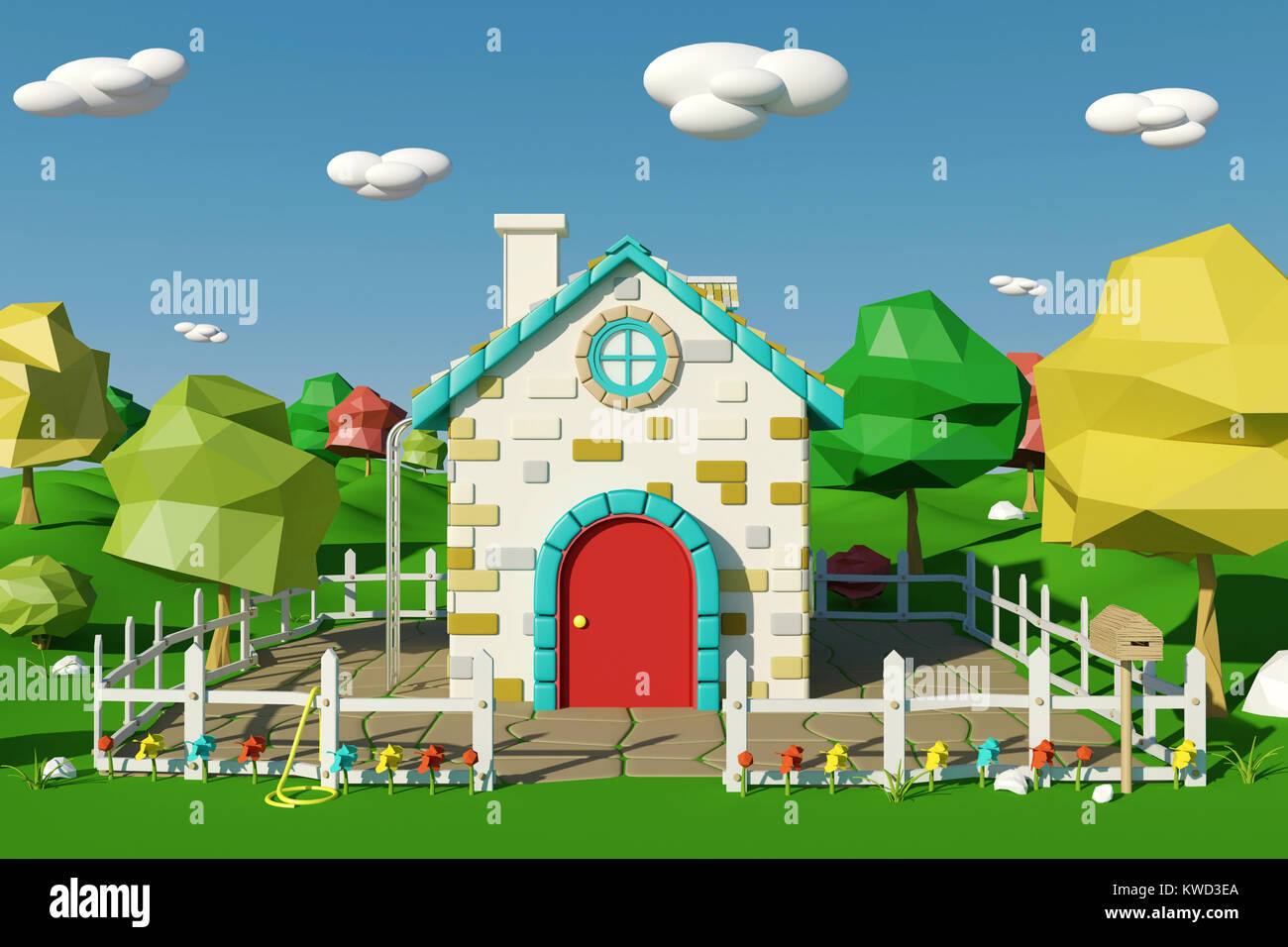 Maison de dessin animé avec campagne au printemps ou en été, rendu 3D ...