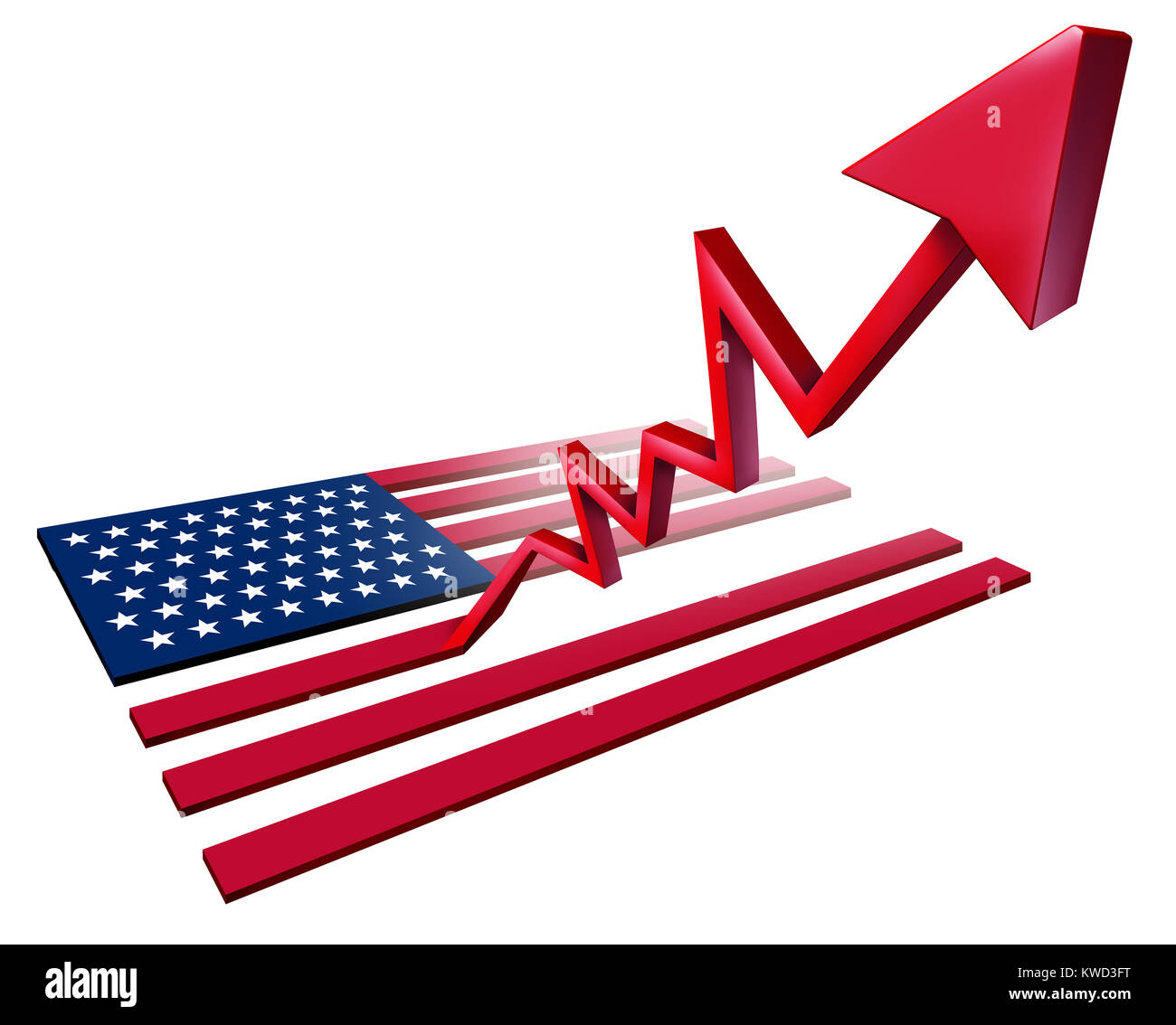 La croissance de l'économie américaine en plein essor économique et l'augmentation du PIB des États-Unis comme un drapeau nous transforme en une flèche à la hausse vers le haut comme un 3D illustration. Banque D'Images