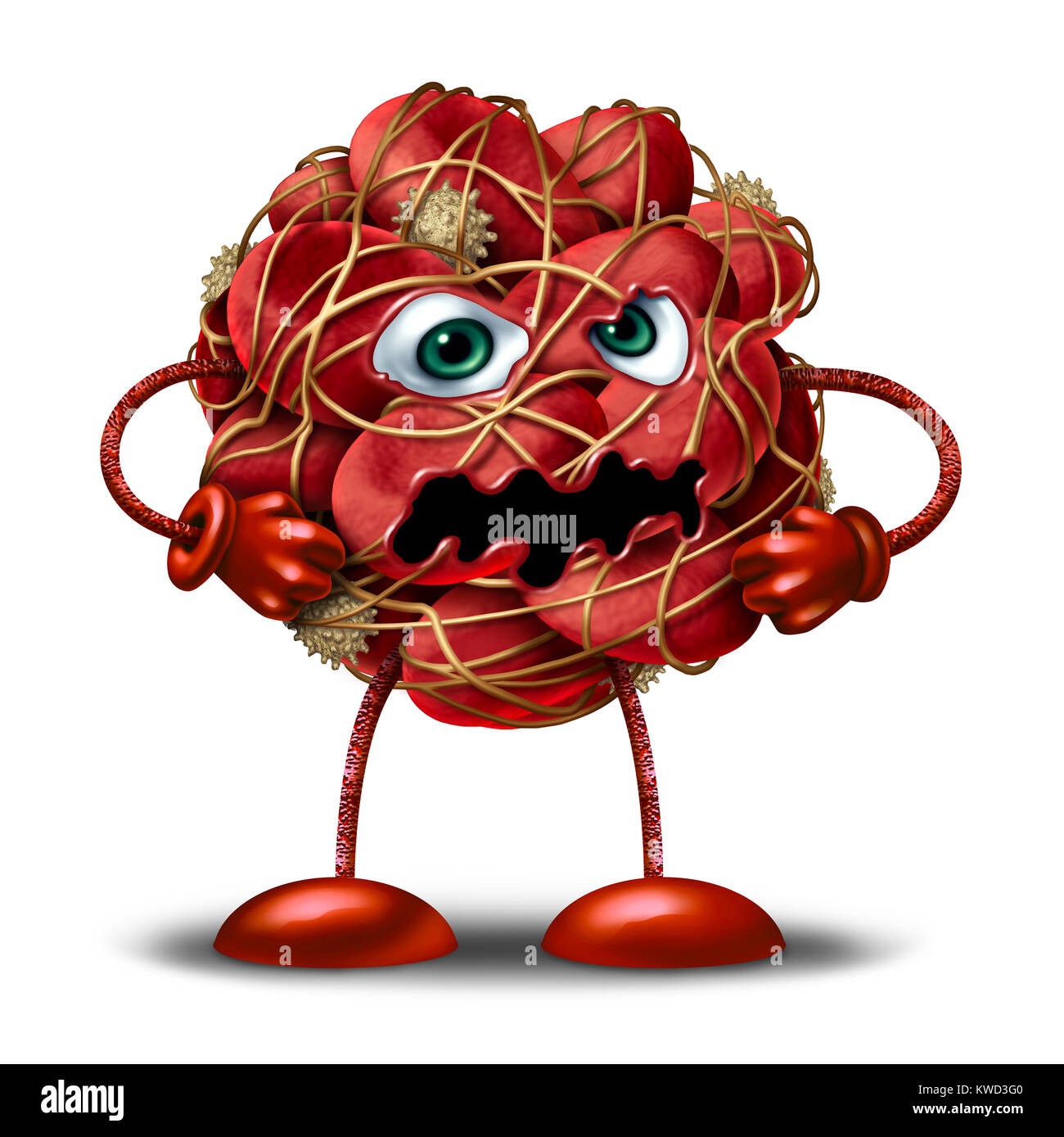 Caillot de sang ou de caractères comme mascotte d'un groupe de globules rouges humains regroupé, arrêt ou ralentissement du débit de circulation comme une illustration 3D sur un fond blanc. Banque D'Images