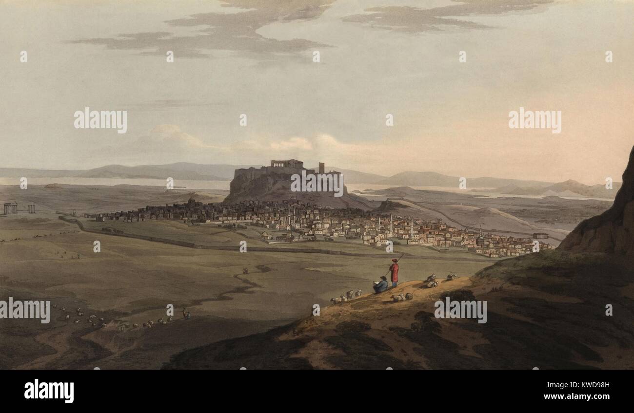 Athènes, Grèce, du pied du Mont Anchesmus (moderne) Lykavitos en 1809. Vu d'une distance de ¾ de mille, la ville s'étendait vers le nord et l'ouest de l'Acropole, et est entouré par un mur de trois mètres de haut pour éviter les pirates et voleurs. Il y avait (BSLOC abo 2016 9 9)DOUBLON SUPPRIMÉ : DOIT AVOIR ÉTÉ "7 Continents History', selon Barbara Schultz - JJ Banque D'Images
