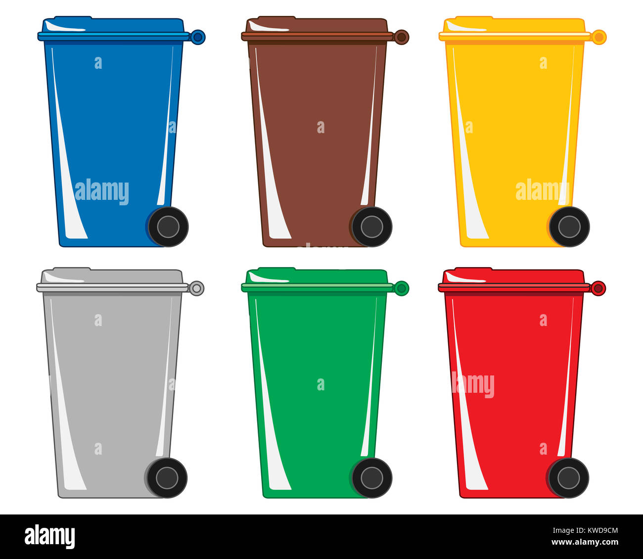 Une illustration de six bacs colorés wheelie pour différents types d'ordures et de recyclage sur un fond blanc Banque D'Images
