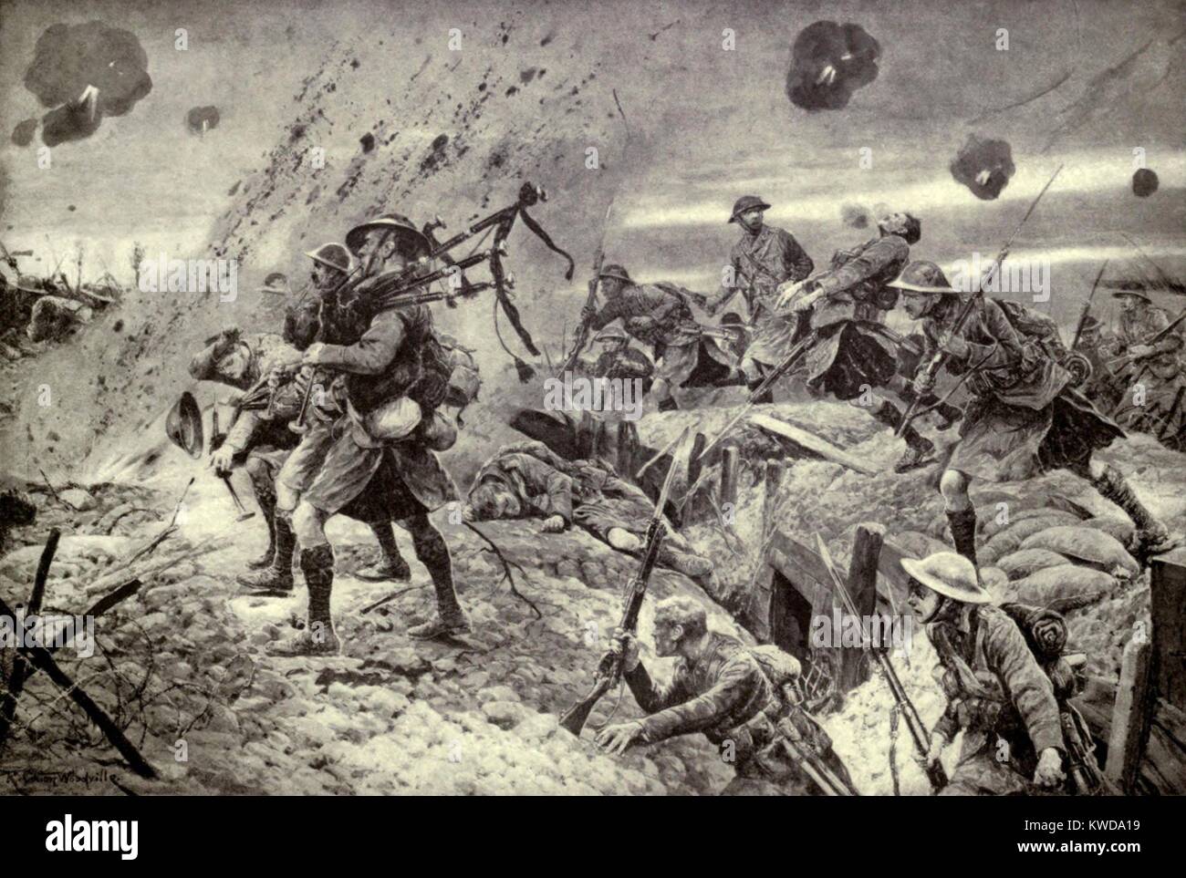 La Seconde Guerre mondiale 1. Offensive de la Somme. Scottish Highland Regiment Faire progresser sous le feu pendant la prise de Longueval, le 28 juillet 1916. La bataille pour le bois Delville Longueval et s'est déroulée du 14 juillet au 3 septembre 1916 par l'établissement des coûts, la Grande-Bretagne 30 000 victimes (tués, blessés, disparus, ou des prisonniers). La figure suivante illustre contemporain carnage comme une bataille glorieuse. (BSLOC 2013 1 122) Banque D'Images