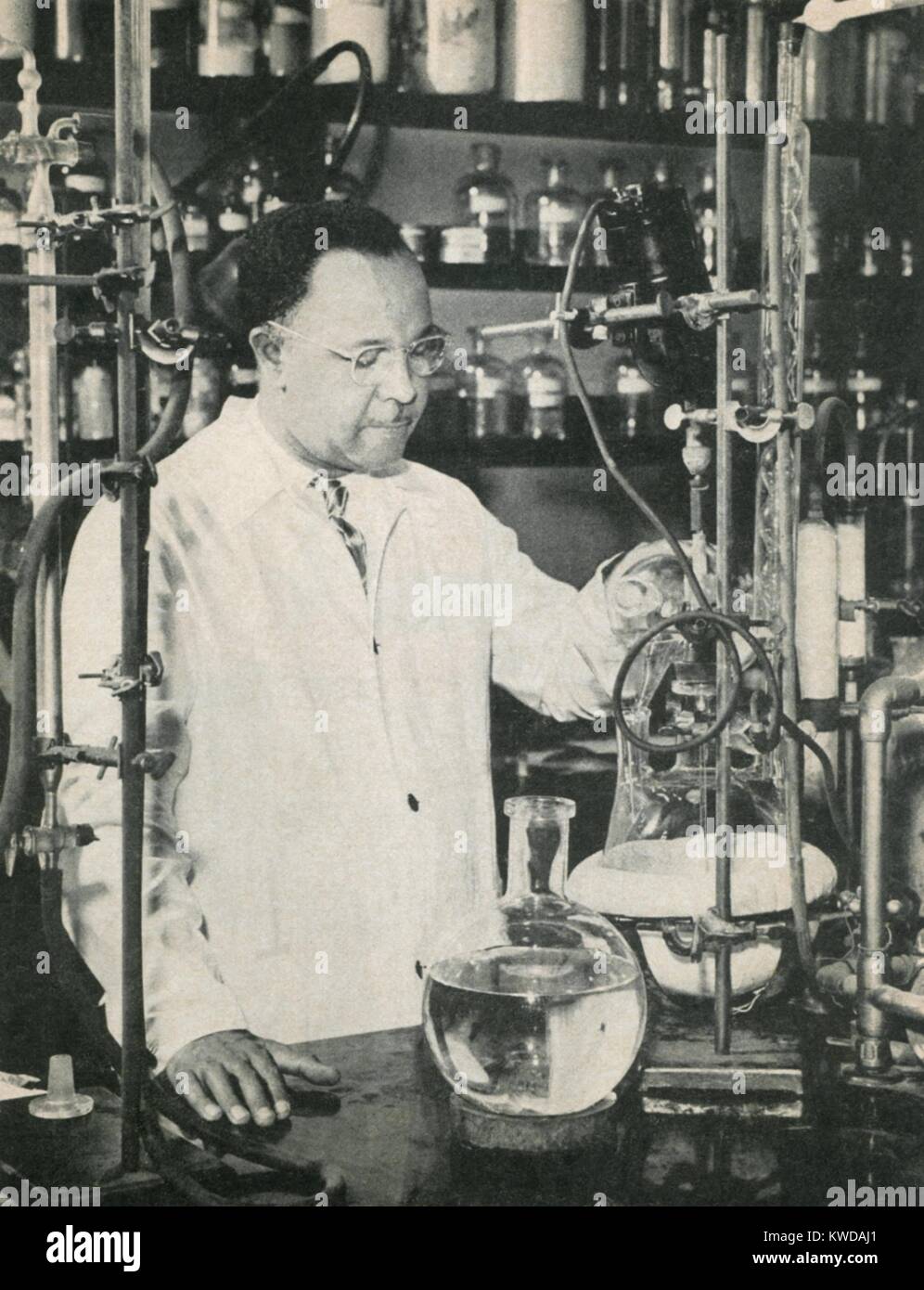 Percy Julian, chimiste américain africain, ch. Années 1940. À la Société Glidden, il a conçu des méthodes d'extraction de protéines de soja à l'échelle industrielle. Dans les années 40, il a développé des processus de fabrication à grande échelle de la synthèse des hormones pour usage médical (BSLOC   2016 10 12) Banque D'Images