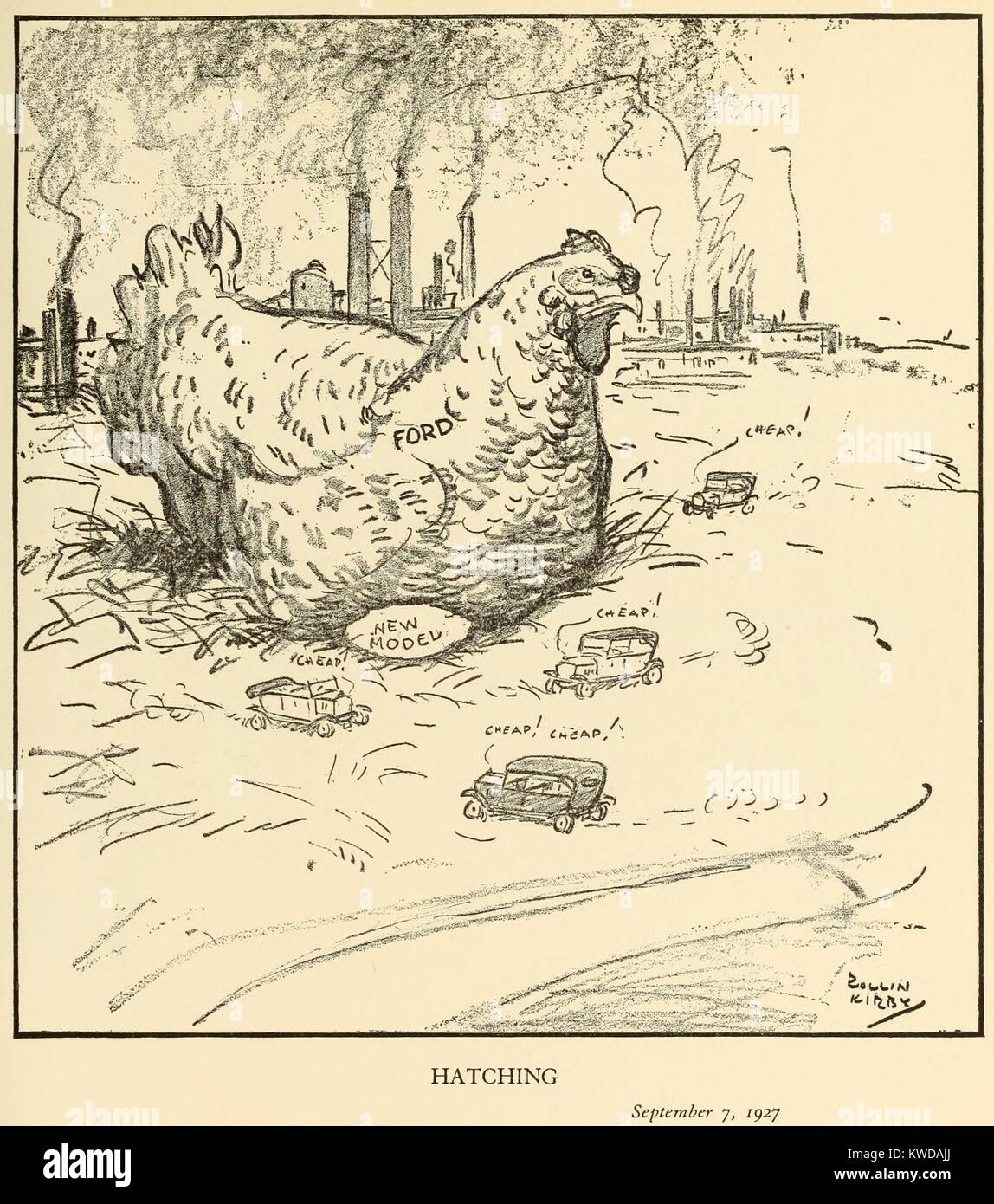 L'éclosion, caricature de Rollin Kirby, pour l'Exposition Universelle de New York, 7 septembre, 1927. Le pays a été l'anticipation de l'introduction de la Ford modèle A, qui doit remplacer le modèle T après 18 ans sur le marché, depuis 1909. La mère poule est étiqueté 'Ford' et se trouve sur un oeuf, 'Nouveau modèle', comme les voitures font peu de sons "bon marché" BSLOC  2016 (10 130) Banque D'Images