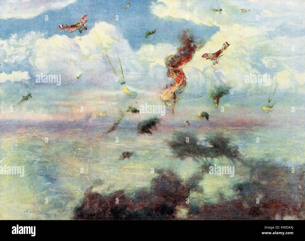 La Seconde Guerre mondiale 1 : Bataille de Verdun. Un ballon d'observation allemand tombant en flammes au cours de la bataille de Verdun après une attaque par des avions français. Mai 1916. La peinture intitulée l'ennemi devient aveugle ! Par le Lieutenant Henri Farre. (BSLOC_2013_1_101) Banque D'Images