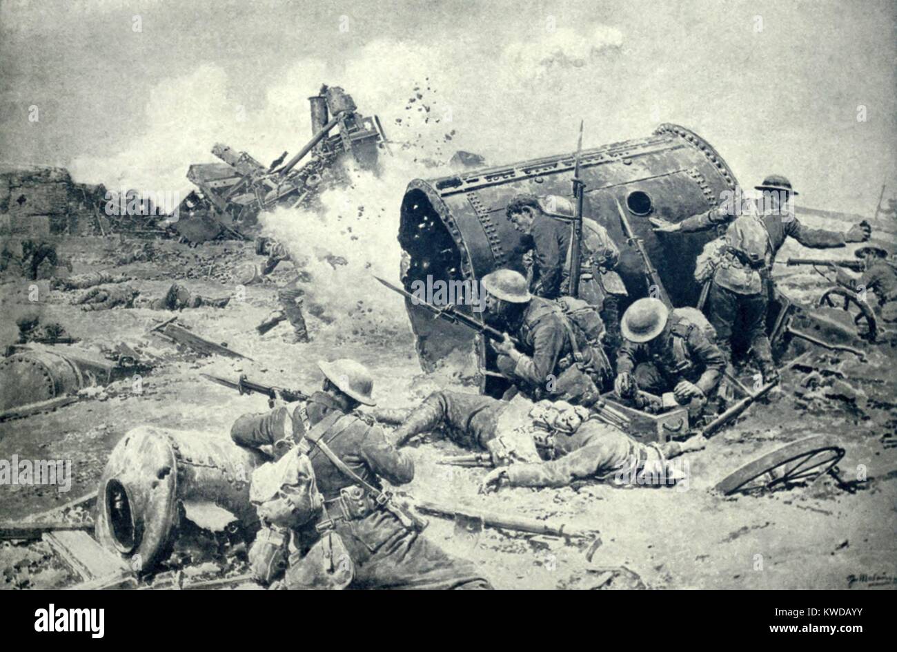 La Seconde Guerre mondiale 1. Offensive de la Somme. La lutte contre les soldats canadiens à Courcellette, Le 15 septembre 1916, autour de la raffinerie de sucre. Les hommes de bombes lancés derrière la couverture de certaines parties de la raffinerie détruite. La bataille fut un court engagement féroce, et quand les Allemands se replient, la raffinerie a été capturé par le 21e bataillon, qui a pris 150 prisonniers allemands. (BSLOC 2013 1 129) Banque D'Images