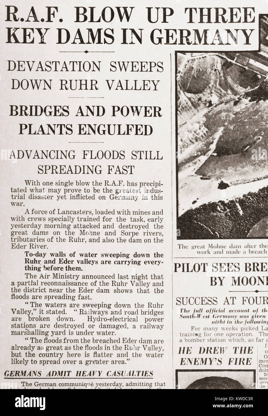 L'article du Daily Telegraph du 18 mai 1943 rapports sur l'exploitation la punition, une attaque sur les barrages allemands effectuée les 16 et 17 mai 1943 par Royal Air Force No 617 Squadron, a par la suite connu sous le nom de Dam Busters, à l'aide d'un 'bombes rebondissantes' . La Möhne et barrages Edersee ont été perforés et causant des inondations catastrophiques de la vallée de la Ruhr et de villages dans la vallée de l'Eder en Allemagne. Banque D'Images