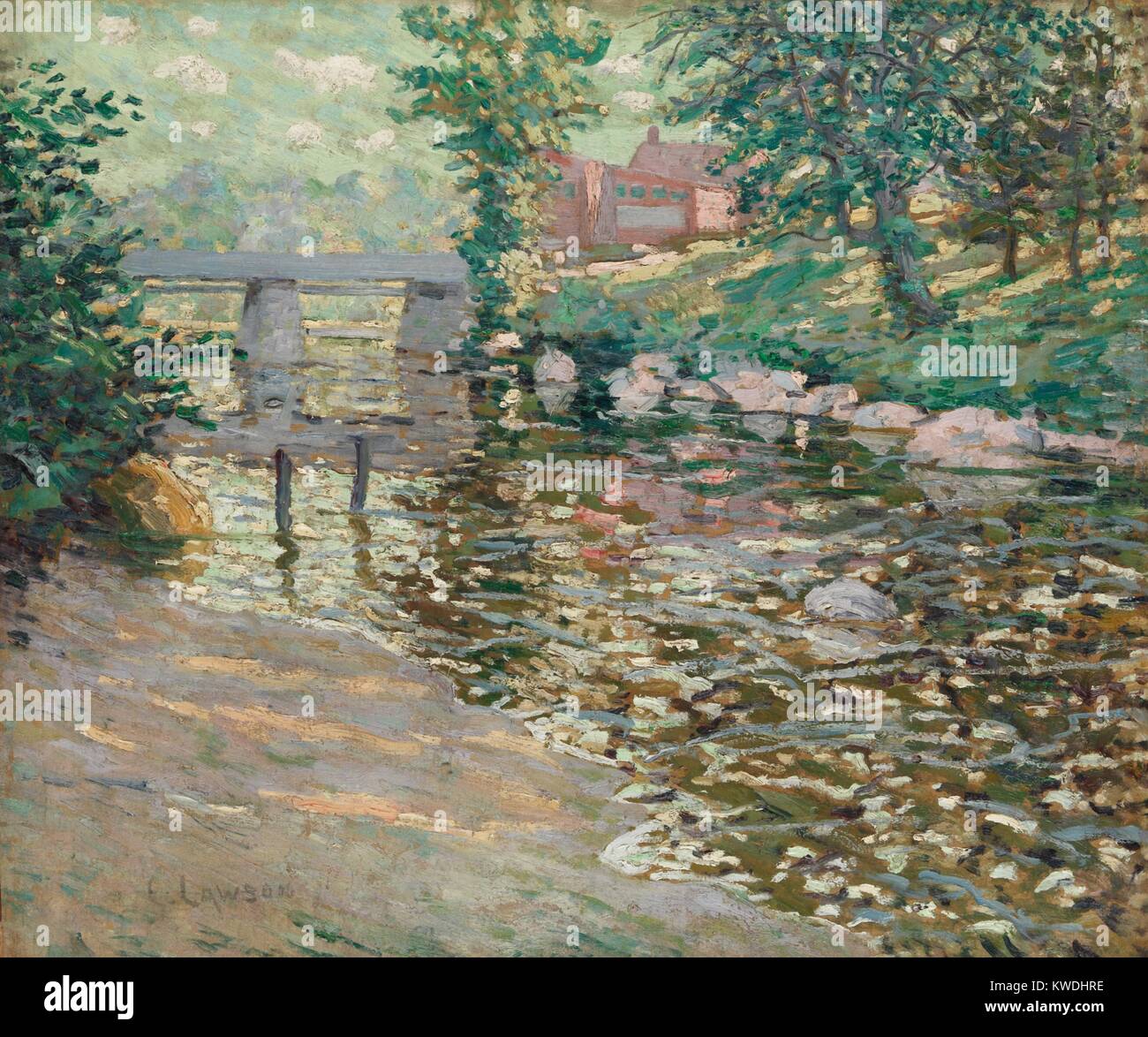 La BRONX RIVER, par Ernest Lawson, 1910, Canadian-American peinture, huile sur toile. La Bronx River s'écoule du comté de Westchester à travers le nord du CNJ arrondissement. Dans les bâtiments industriels peinture Lawsons peut être vu d'empiéter sur la marge de Bronx Park en 1910 (BSLOC 2017 7 142) Banque D'Images