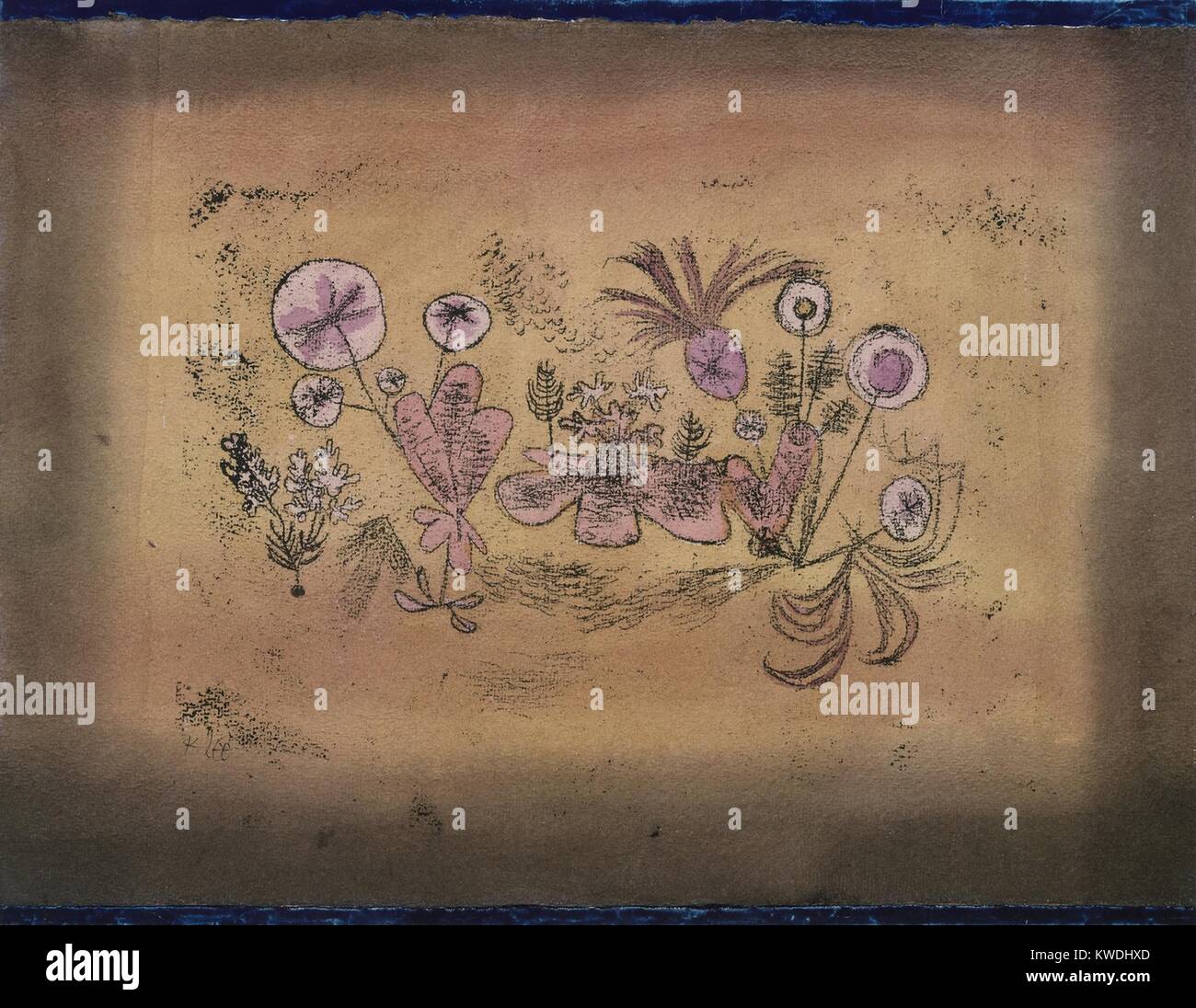 La flore médicinale, par Paul Klee, 1924, Swiss dessin, aquarelle, gouache et encre sur papier. Dessin de formes qui suggèrent les plantes connecté, de couleur rose sur un fond orange (BSLOC 2017 7 75) Banque D'Images