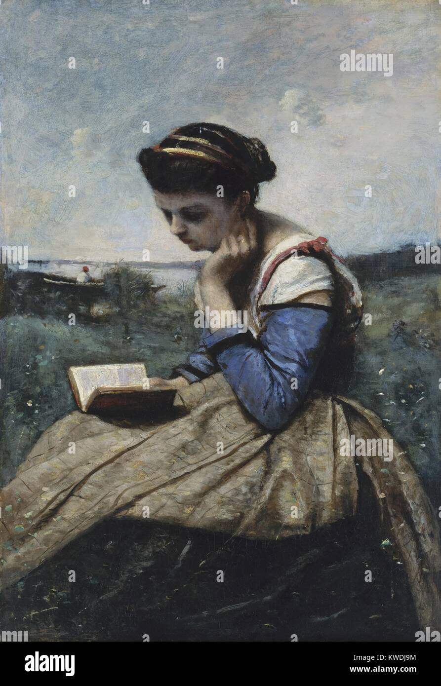 Une femme lisant, de Camille Corot, 1871, la peinture française, huile sur toile. C'était la première la peinture de Corot expose au Salon de Paris, alors qu'il était établi et estimé artiste (BSLOC 2017 9 96) Banque D'Images
