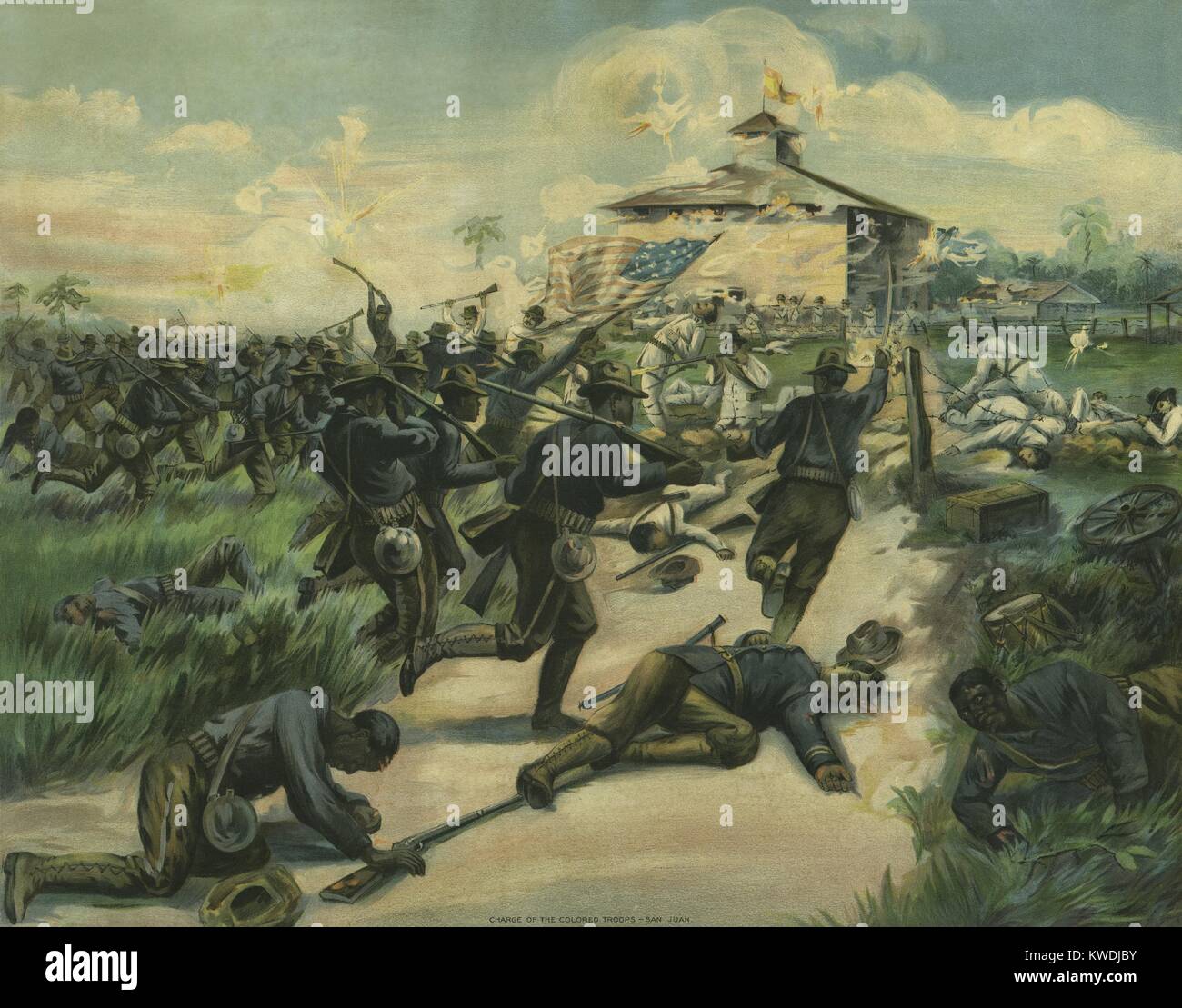 Les Africains américains de la 9e et 10e régiments de cavalerie au cours de la Bataille de San Juan Hill. Ils ont accusé le block house à San Juan Heights, 1 juillet 1898, au cours de la guerre hispano-américaine à Cuba (BSLOC   2017 10 35) Banque D'Images