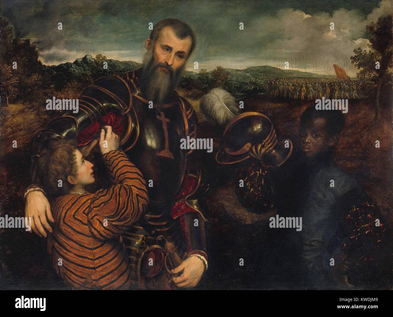 PORTRAIT D'UN HOMME EN ARMURE AVEC DEUX PAGES, par Paris Bordon, 1525-71, la peinture italienne de la Renaissance. Le commandant militaire se prépare pour la bataille avec l'aide de deux pages, dont un est africain. Dans l'arrière-plan droit, une armée est recueillie (BSLOC   2017 16 86) Banque D'Images