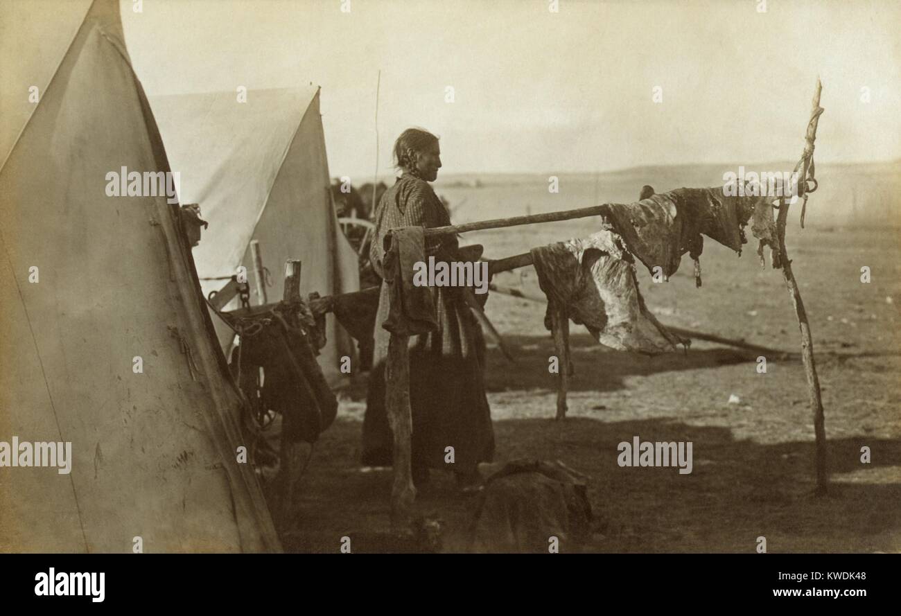 Femme sioux debout entre deux cadres sur lesquels la viande est séché, 1908. Cette méthode de conservation traditionnelles s'est poursuivi avec le boeuf, après la disparition des bisons des grandes plaines. Photo par Solomon (BSLOC 2017 Boucher 18  37) Banque D'Images