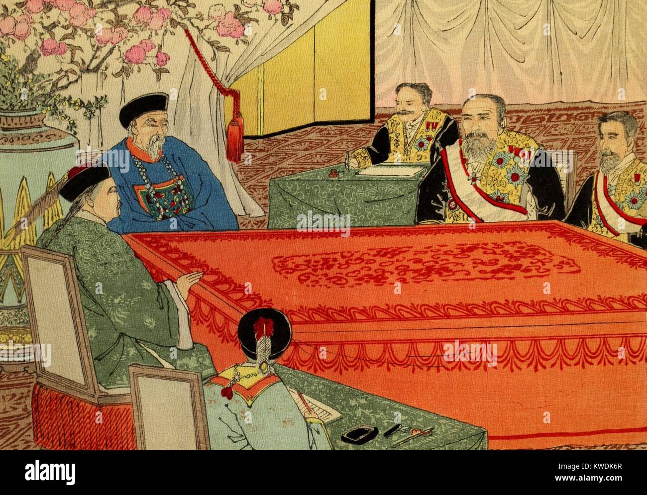 Première guerre sino-japonaise, entre la Chine et le Japon s'est terminée par le Traité de Shimonoseki. Signé le 17 avril 1894, la Chine a reconnu l'indépendance de la Corée. Le Japonais a reçu de la souveraineté de la péninsule de Liaodong, Taïwan et les îles Penghu. La Chine est également tenu de payer des réparations au Japon 200 millions de taels d'argent (BSLOC   2017 18 86) Banque D'Images