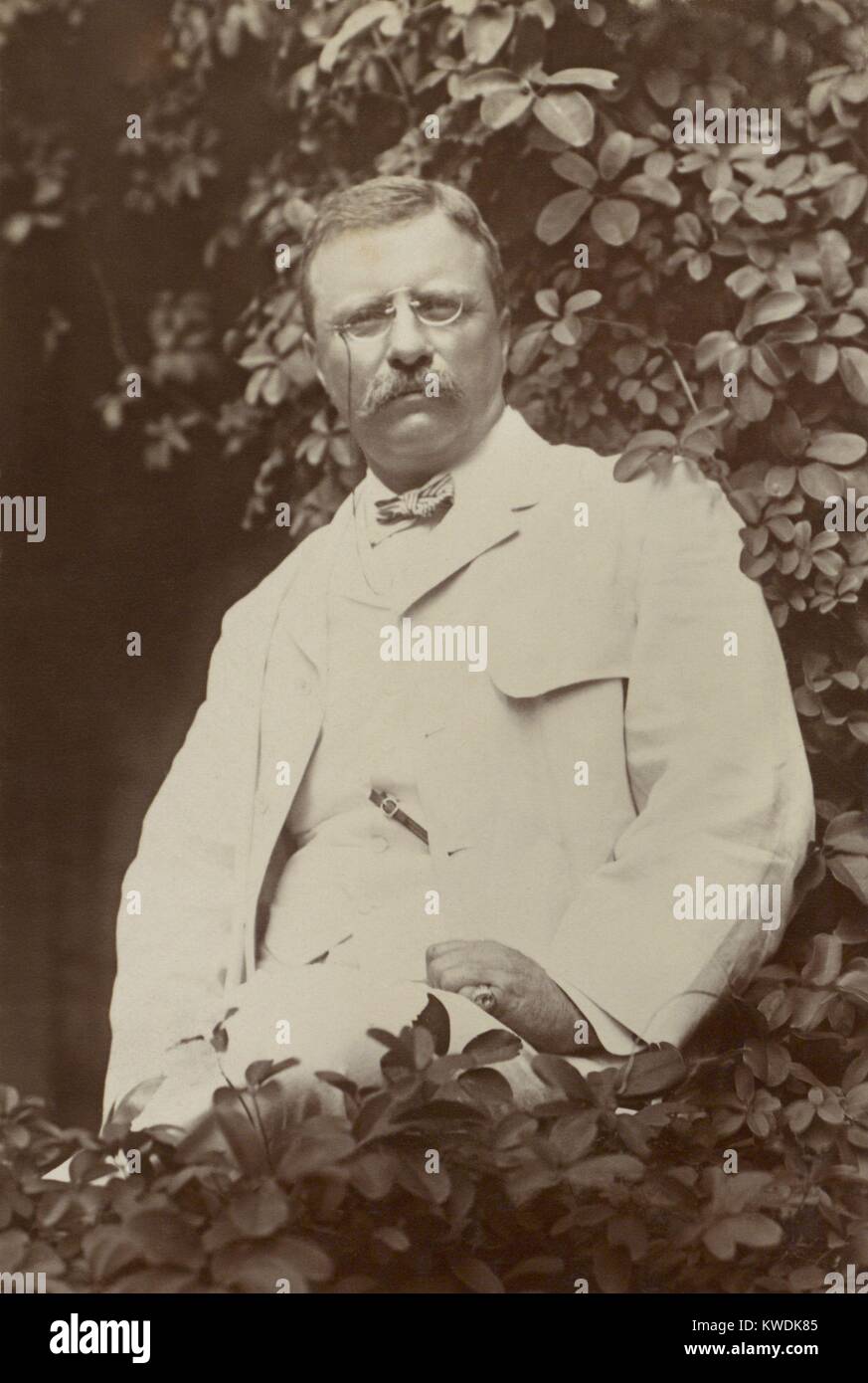 Le président Theodore Roosevelt, dans un costume d'été blanche sur une véranda entourée de feuilles des arbres. Probablement prises à l'été 1905 à Sagamore Hill, les présidents accueil à Oyster Bay, NEW YORK (BSLOC 2017 6 48) Banque D'Images